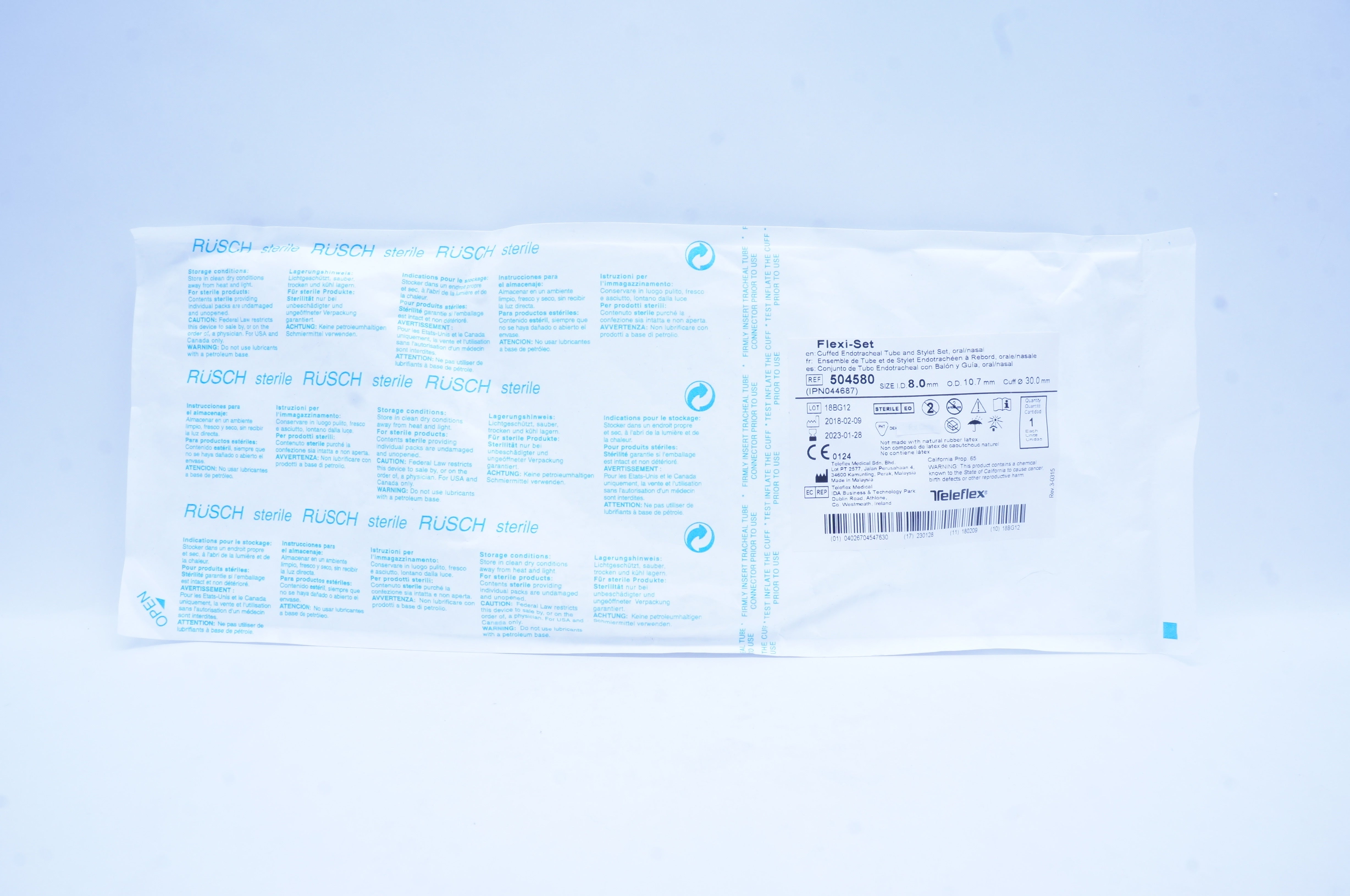 Teleflex 504580 Flexi-Set Endotracheal Tube And Stylet 8.0 ID x 10.7 OD x 30.0mm