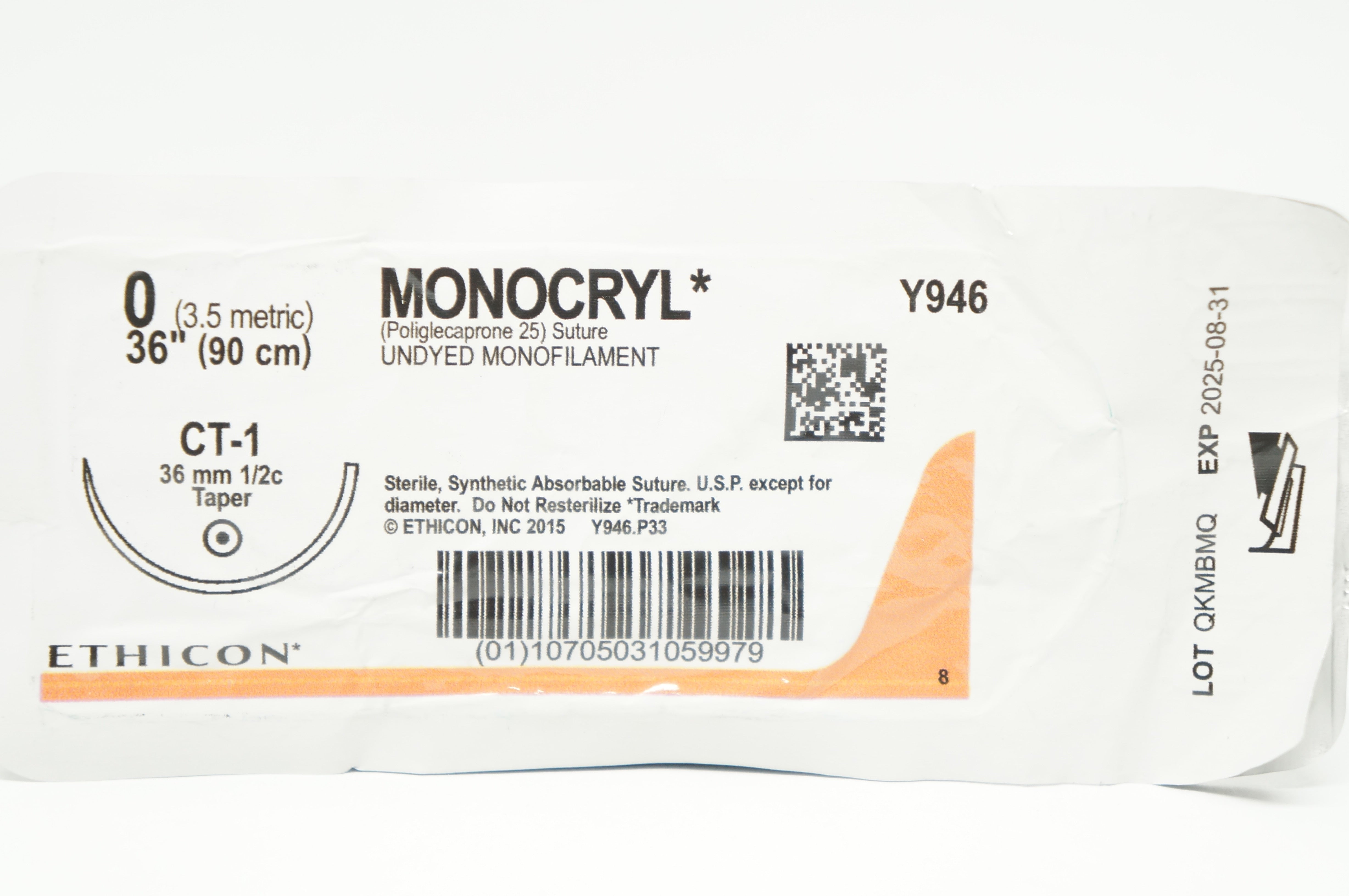Ethicon Y946 0 MONOCRYL, Undyed Monofilament, CT-1, 36mm 1/2c Taper, 36inch
