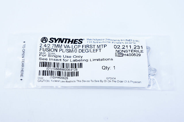 Synthes 02.211.231 2.4/2.7MM VA-LCP FIRST MTP FUSION PL/SM/0 DEG/LEFT