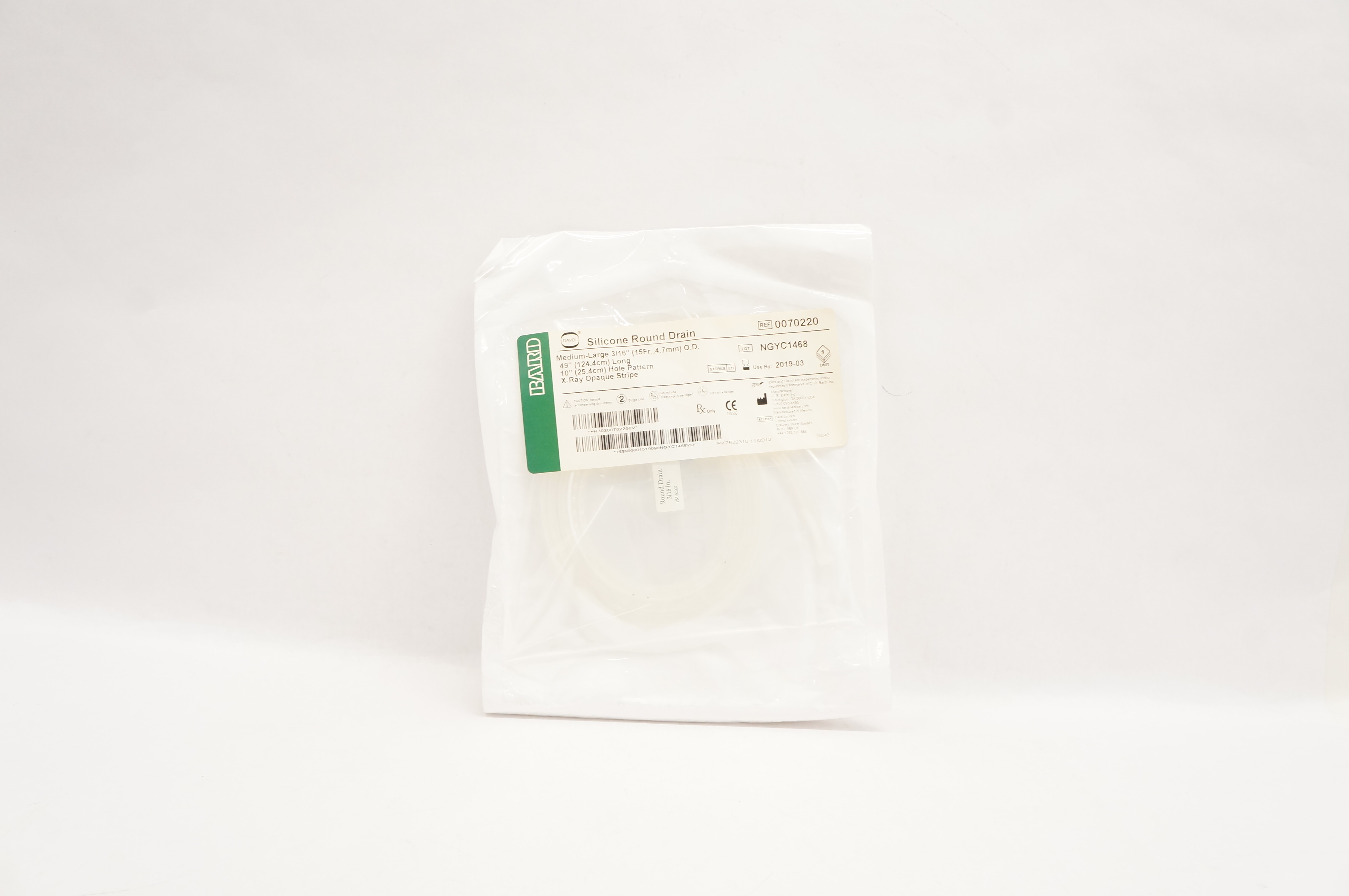 Bard 0070220 Davol Silicone Round Drain 3/16 inch O.D. x 49 inch x 10 inch (x)