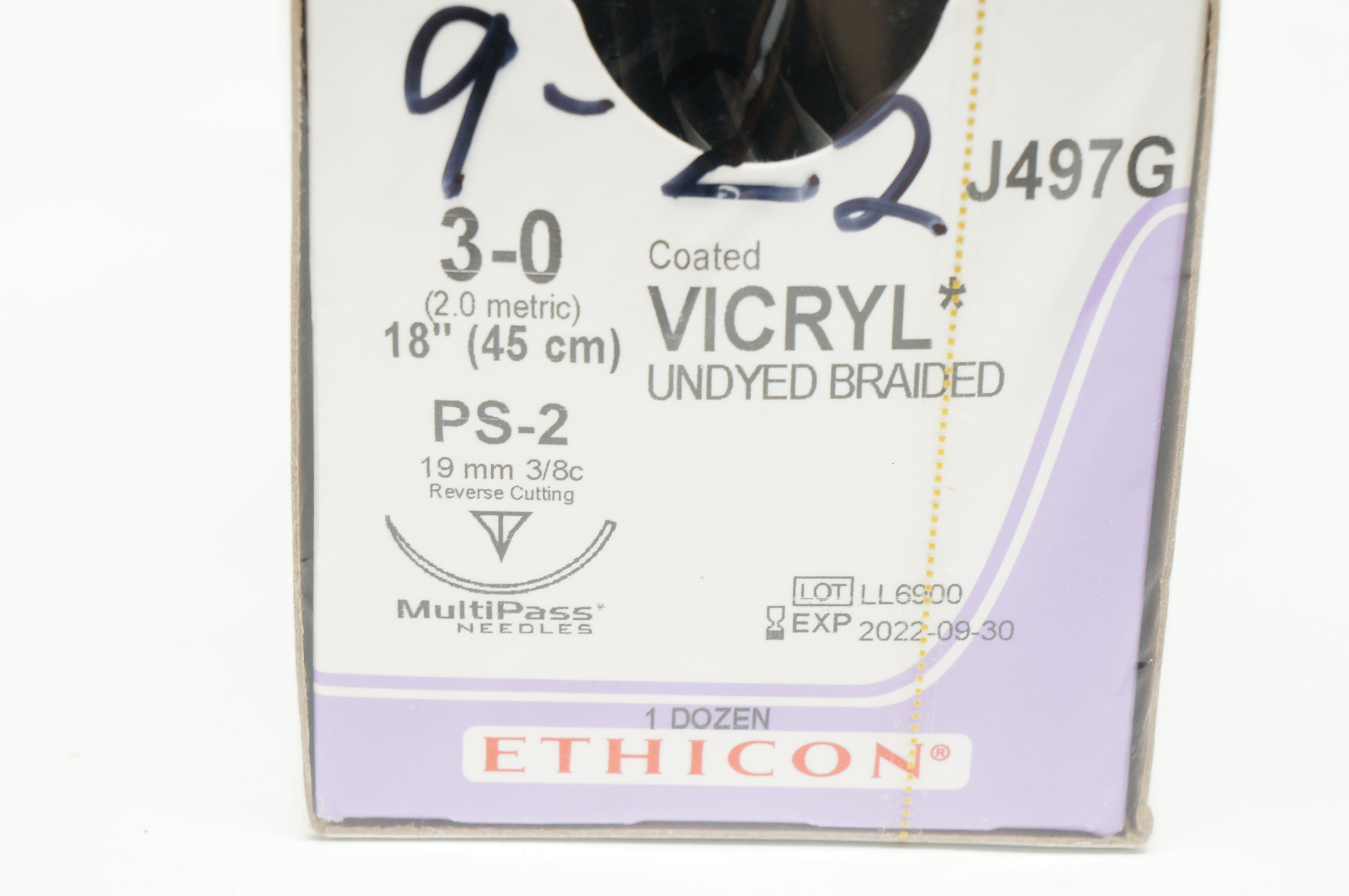 Ethicon J497G 3-0 Vicryl Stre PS-2 19mm 3/8c Reverse Cutting 18inch - Box of 12