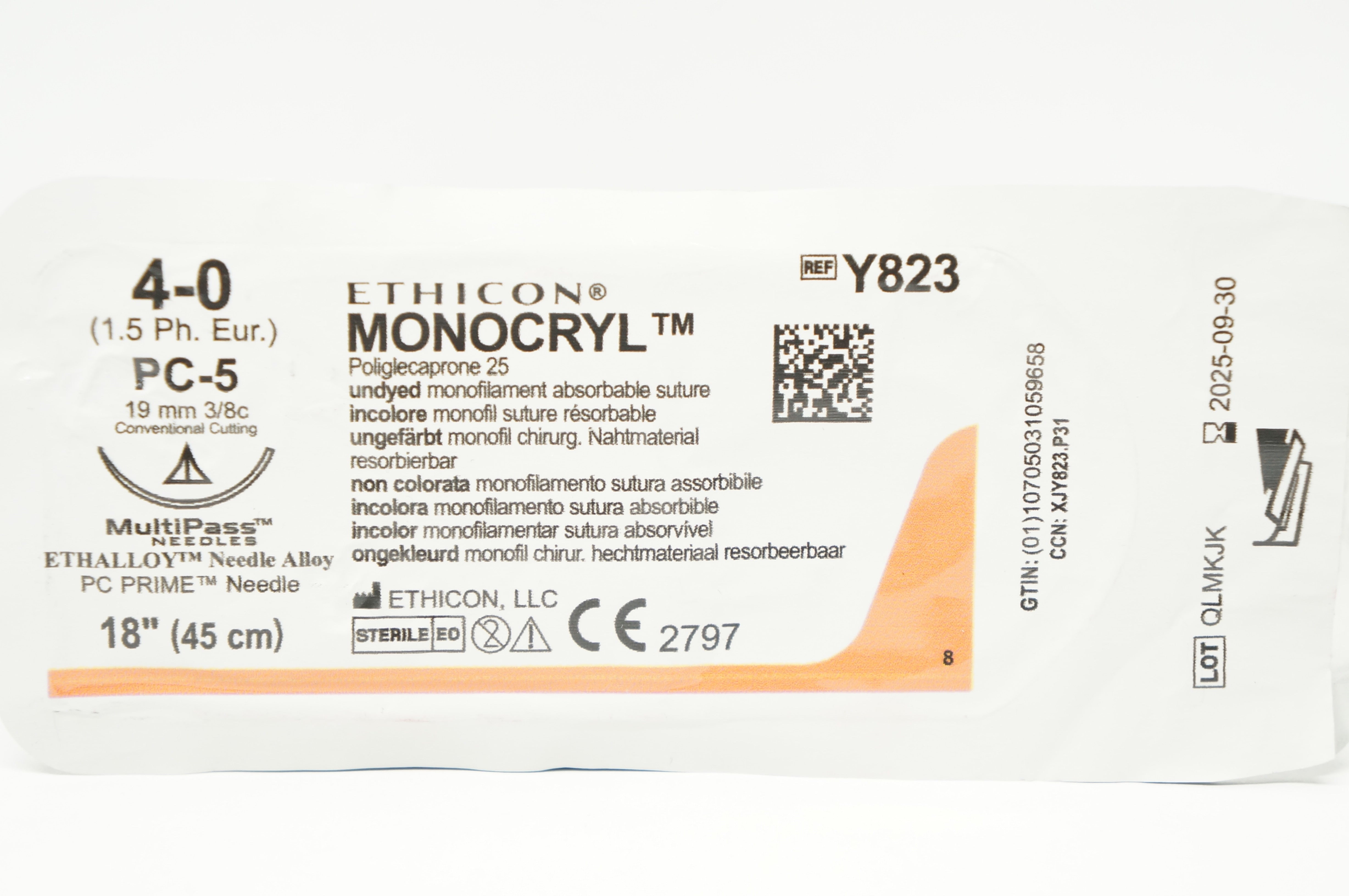 Ethicon Y823 4-0 Monocryl , PC-5 19mm 3/8c Conventional Cutting, 18inch