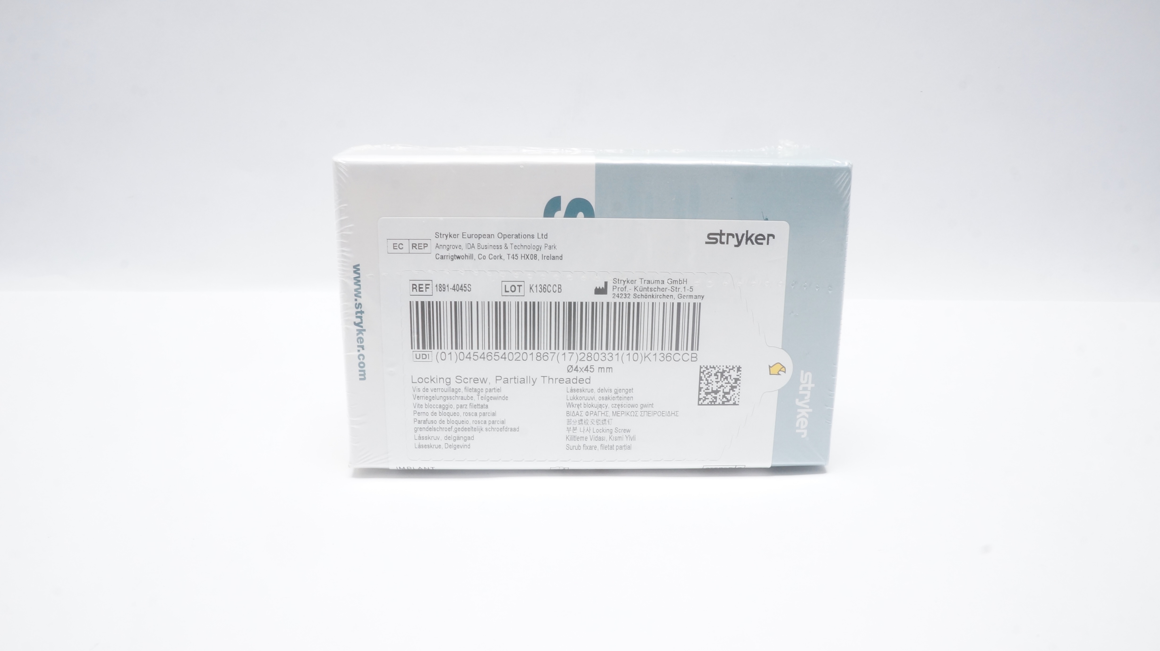 Stryker 1891-4045S Locking Screw, Partially Threaded 4 x 45mm