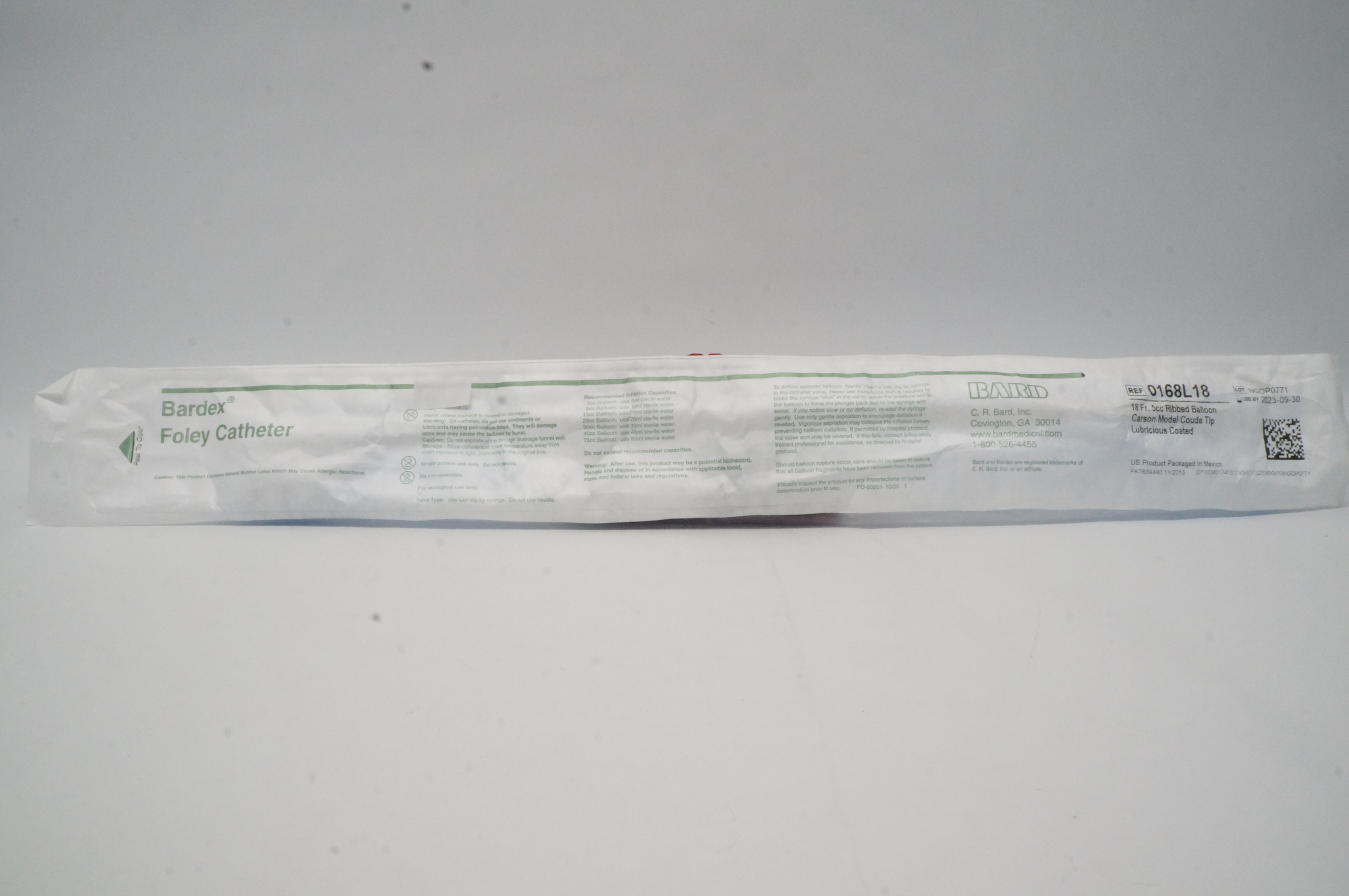 Bard 0168L18 Bardex Foley Cath. 18 Fr. 5cc Ribbed Balloon Carson Model Coude Tip