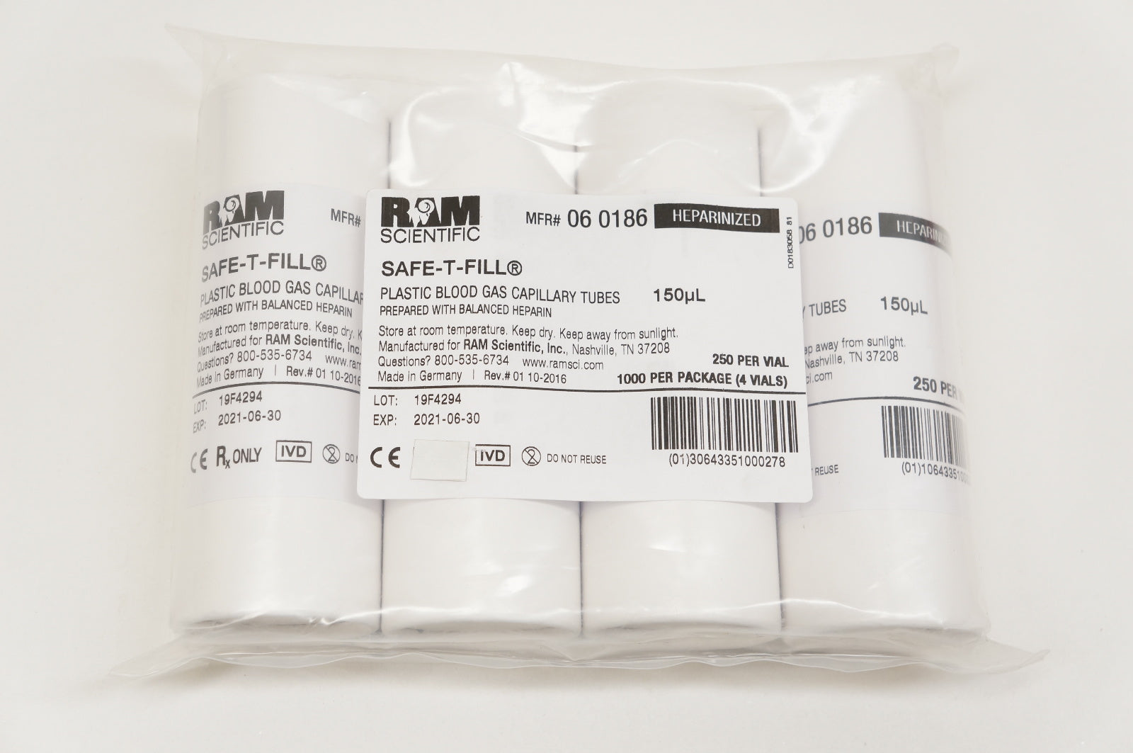 RAM Scientific 06 0186 Safe-T-Fill Plastic Blood Gas Capillary Tubes 150