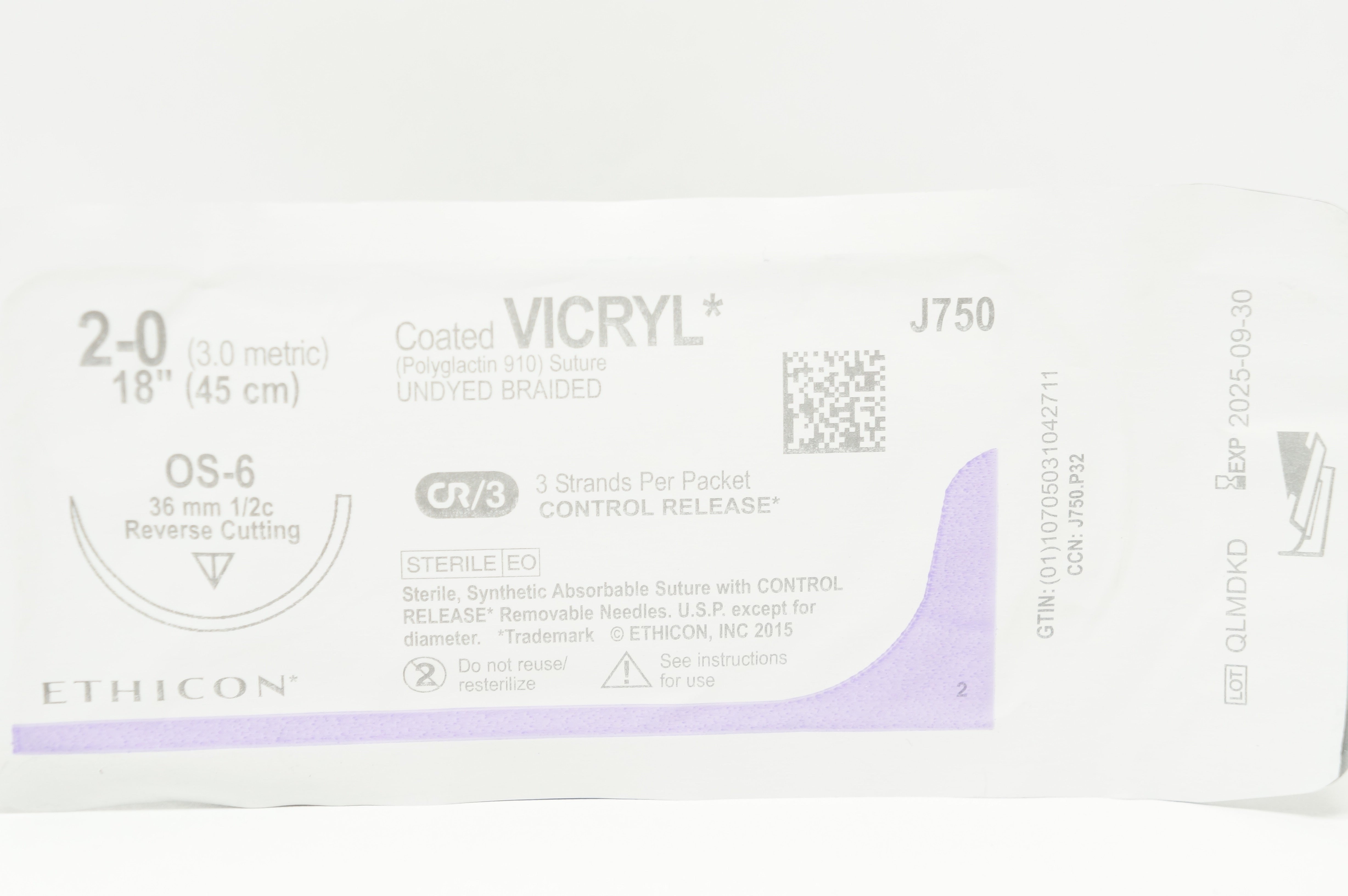 Ethicon J750 2-0 VICRYL, OS-6, 36mm 1/2c Reverse Cutting, 18inch