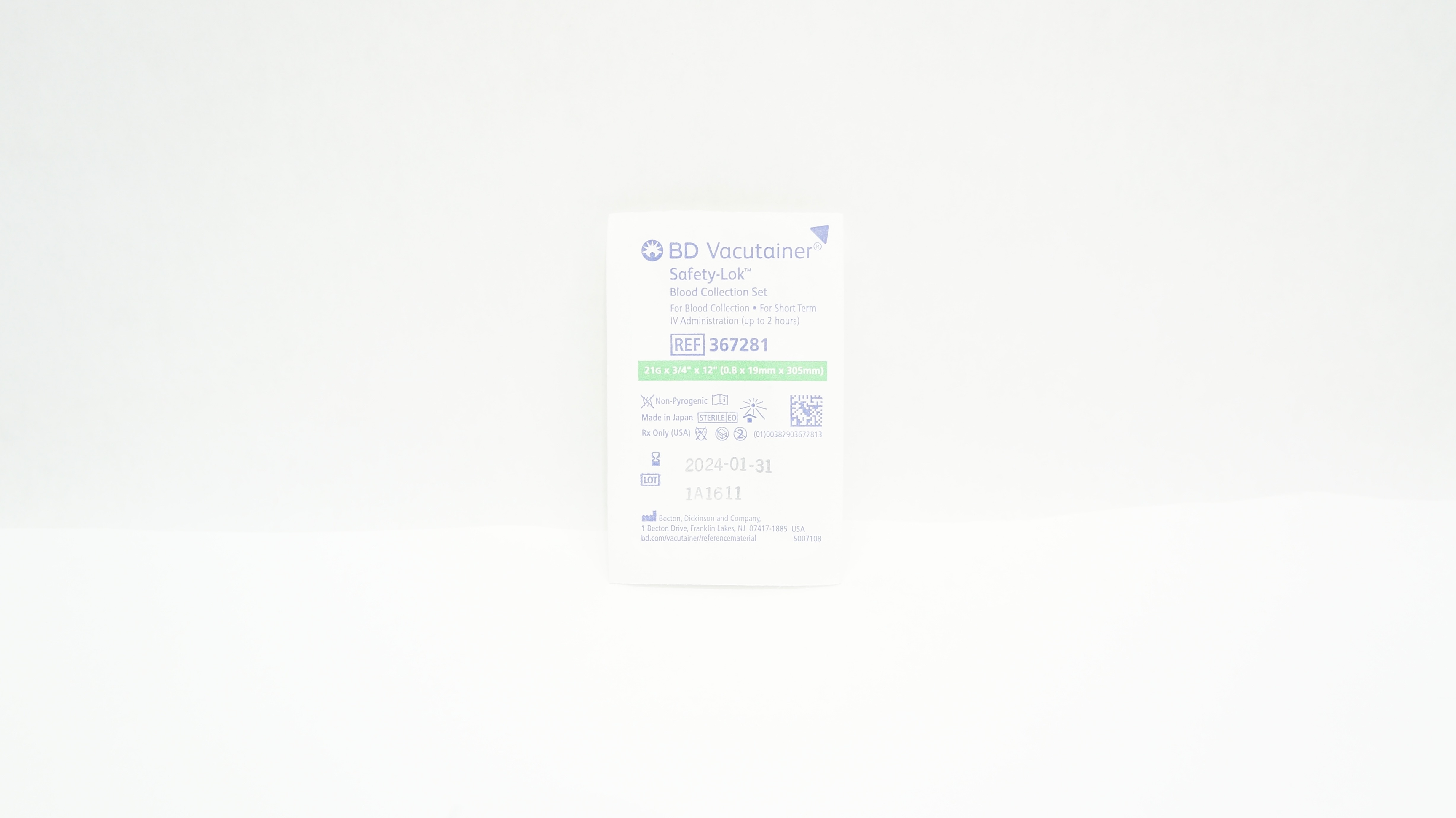 BD 367281 Vacutainer Safety-Lok Blood Collection Set 21G x 3/4inch x 12inch