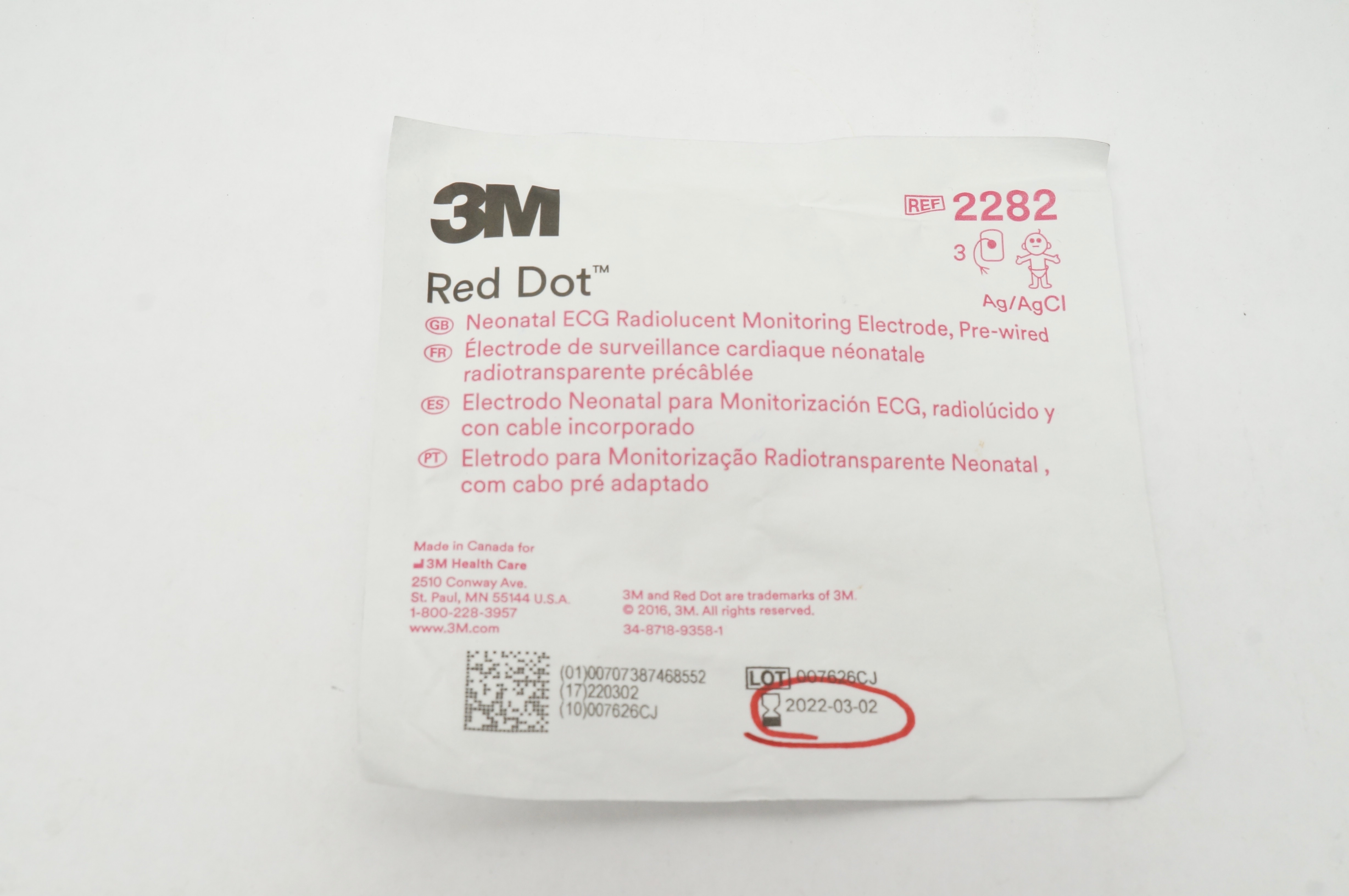 3M 2282 Red Dot Neonatal ECG Radiolucent Monitoring Electrode Pre-Wired (x)