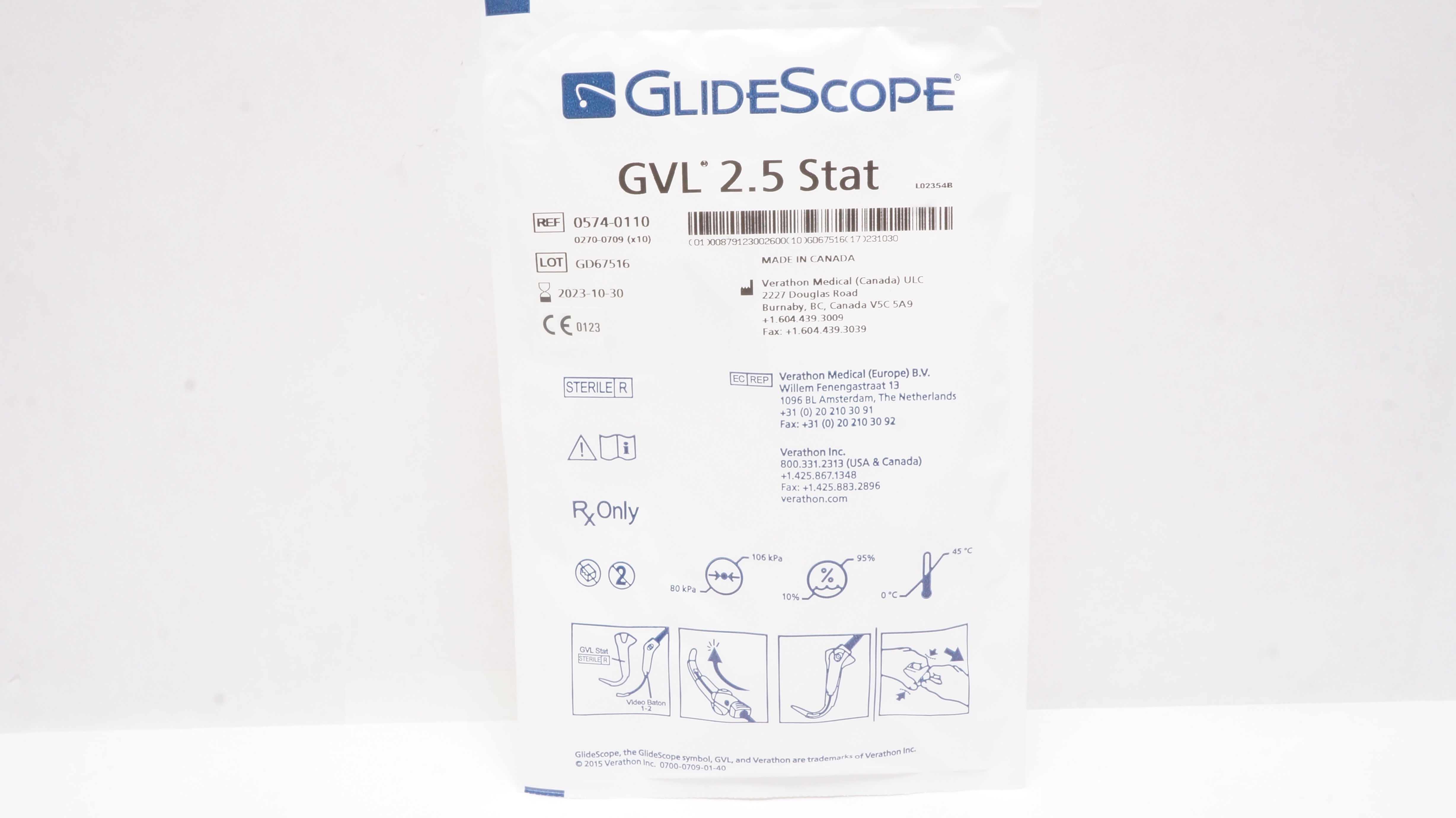 Verathon 0574-0110 GlideScope GVL 2.5 Stat Video Laryngoscope (x)