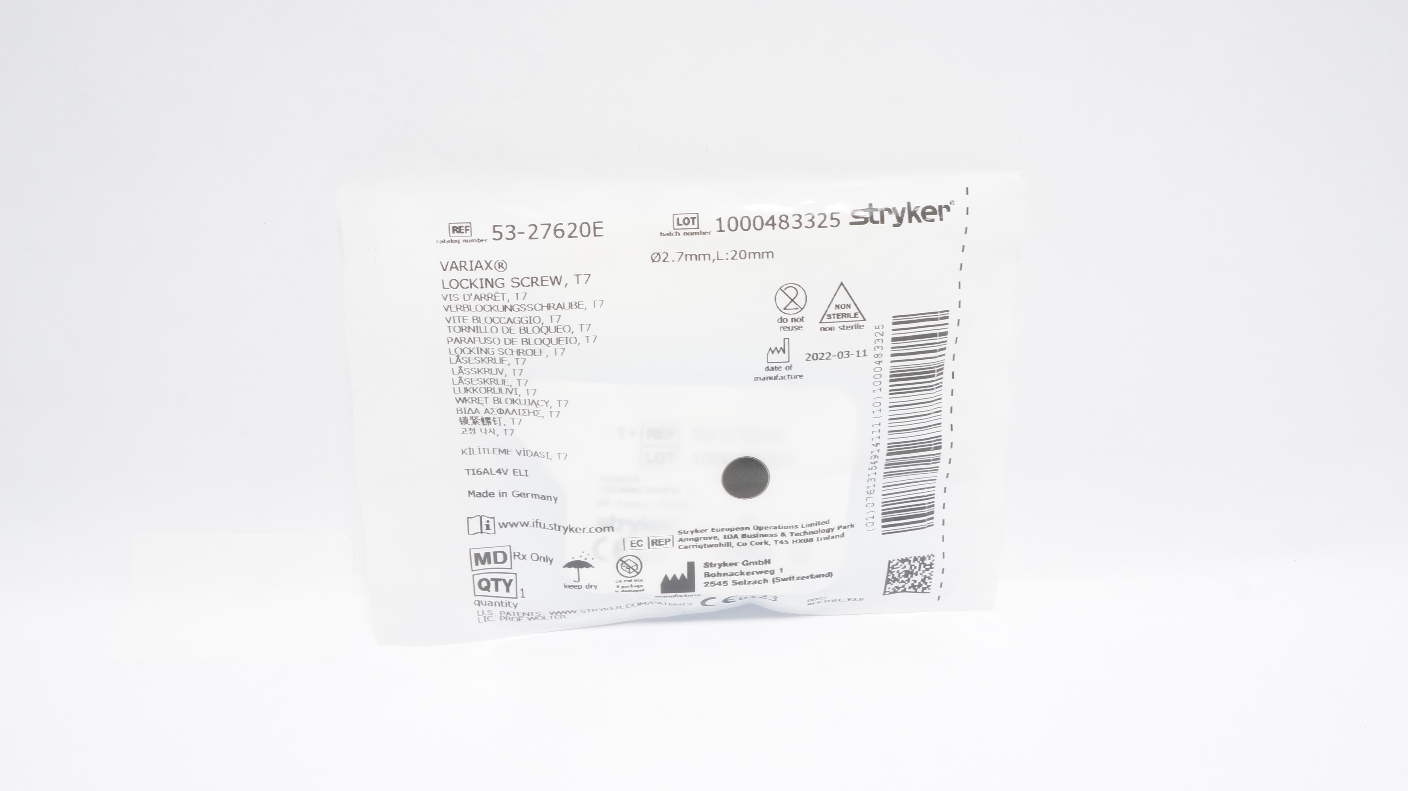 Stryker 53-27620E Variax Locking Screw T7 2.7mm x 20mm