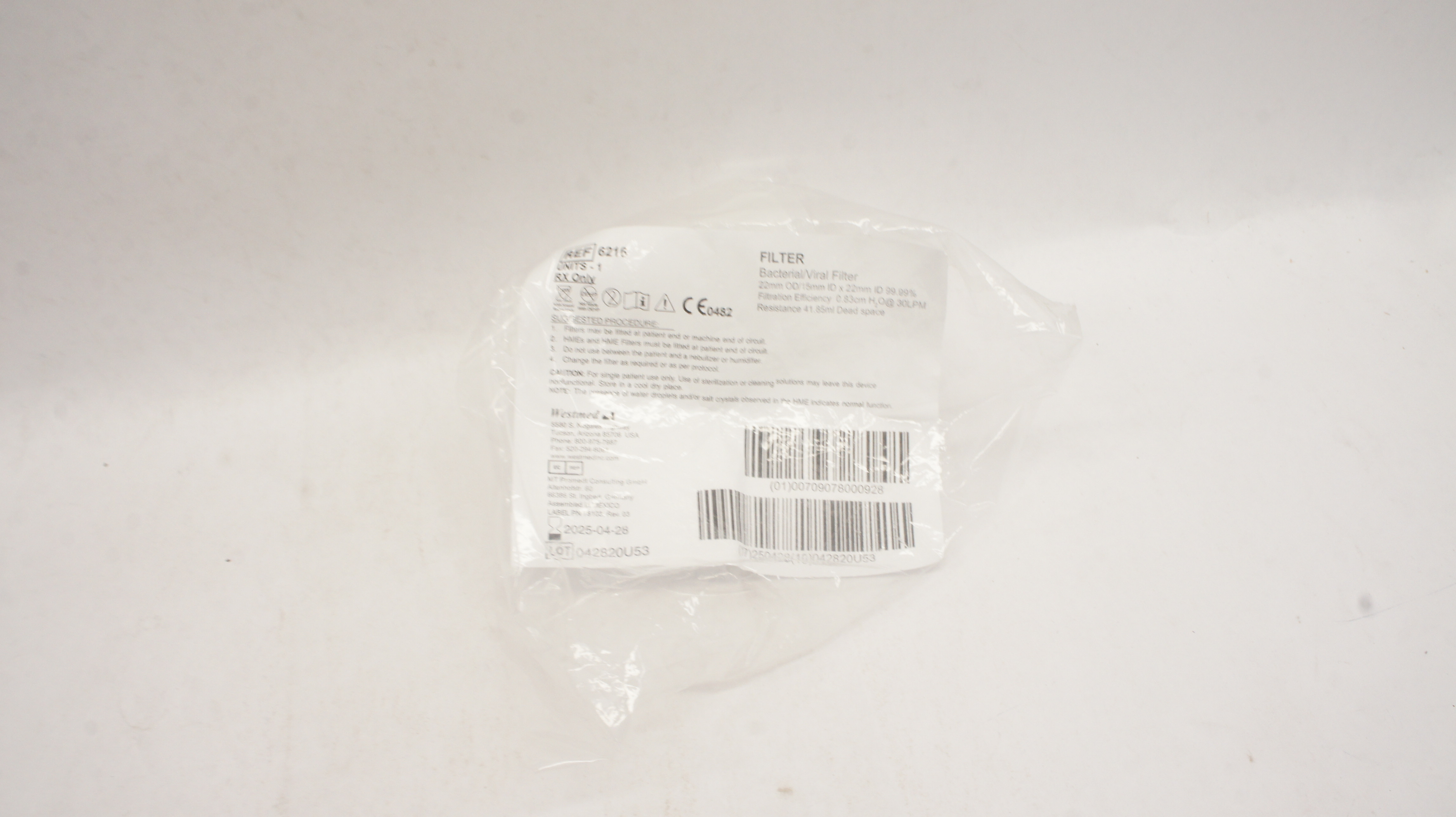 Westmed 6216 Bacterial/Viral Filter 22mmx 15mm x 22mm