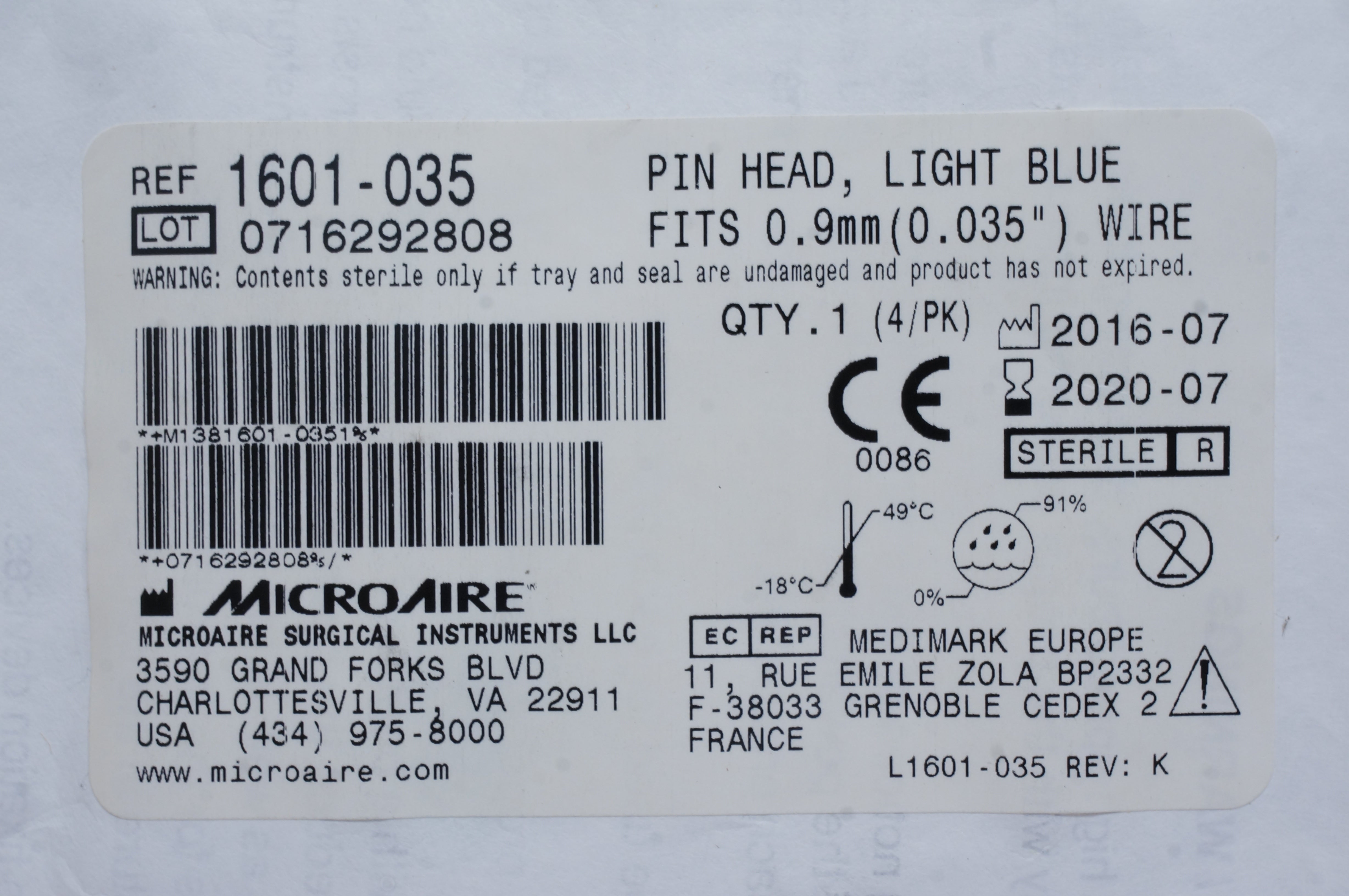 MicroAire 1601-035 Pin Head, Light Blue Fits 0.035inch Wire