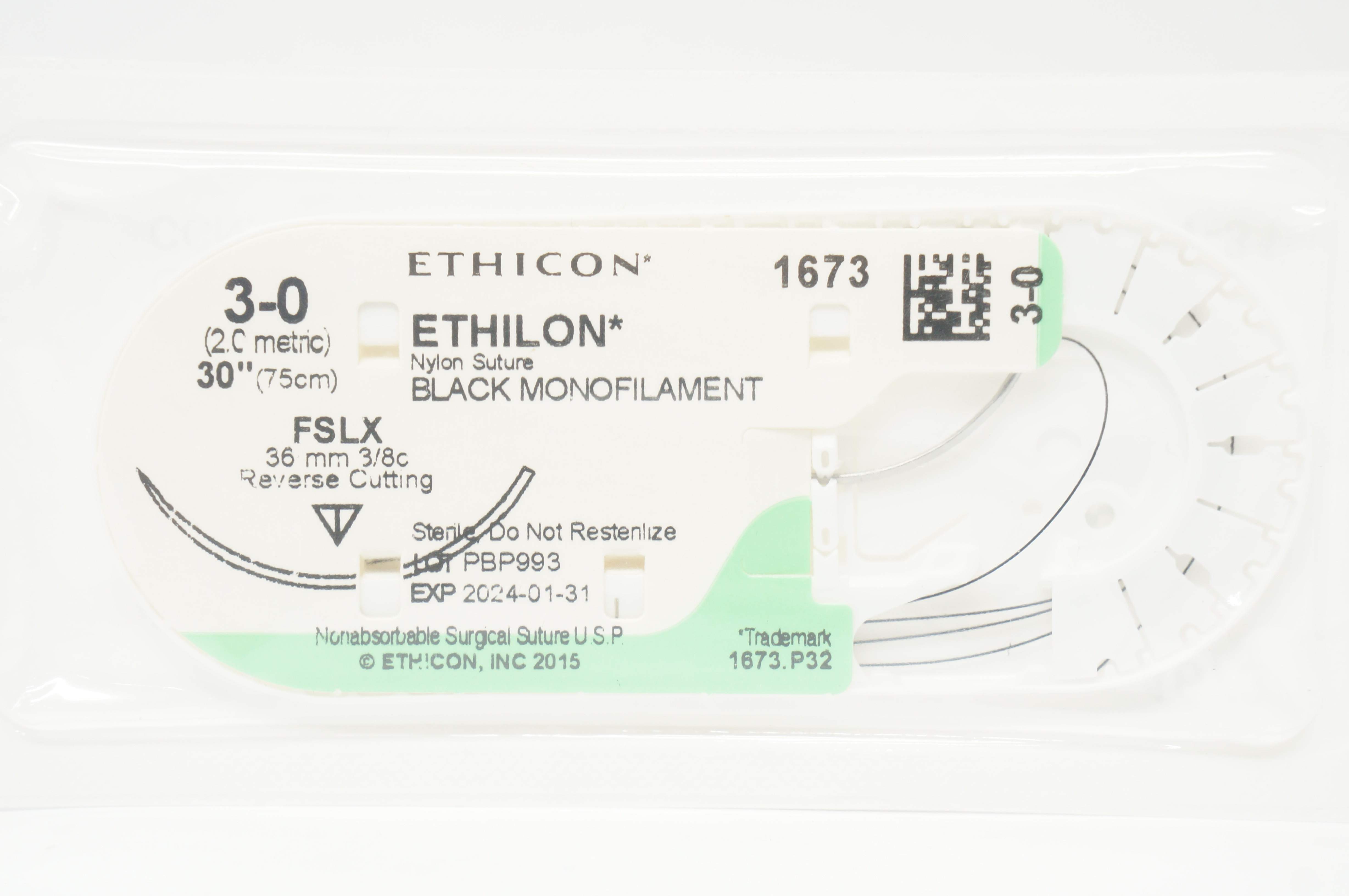 Ethicon 1673 3-0 ETHILON Nylon Stre  FSLX 36mm 3/8c Reverse Cutting, 30inch