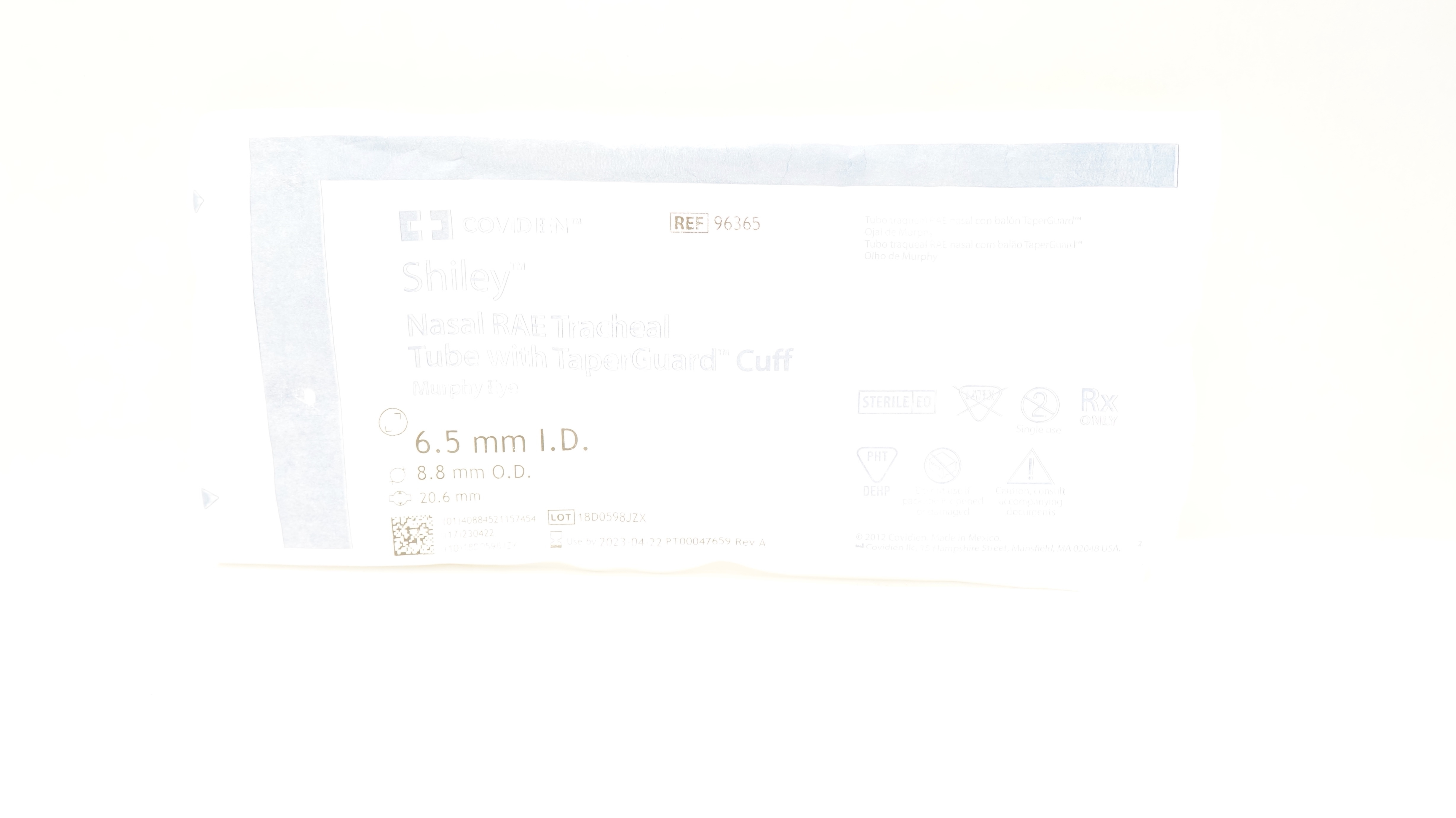 Covidien 96365 Shiley Nasal RAE Tracheal Tube w/Cuff 6.5ID x 8.8OD x 20.6mm (x)