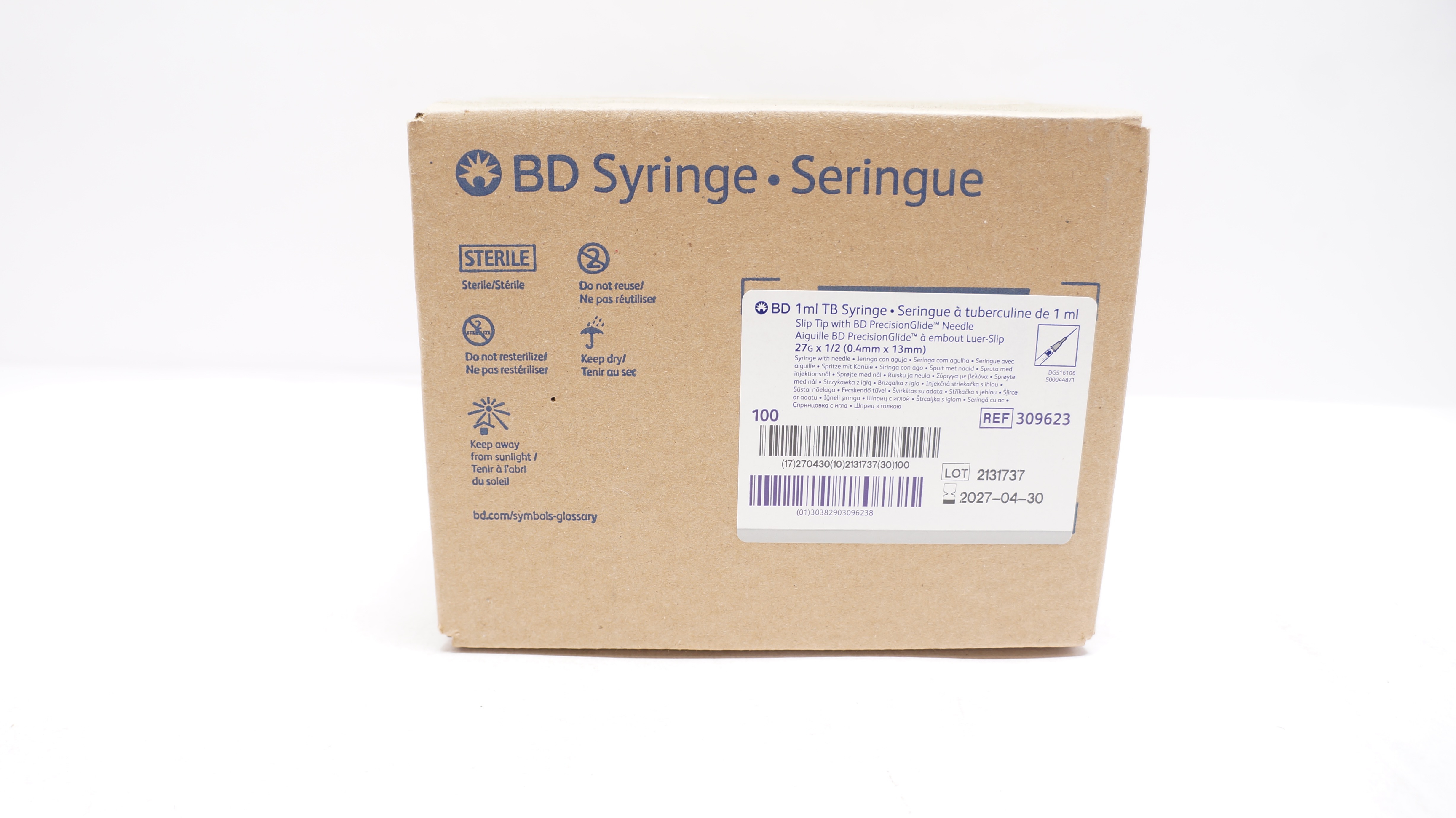 BD 309623 1ml TB Syringe Slip Tip W/Ndle 27G x 1/2inch - Box of 100