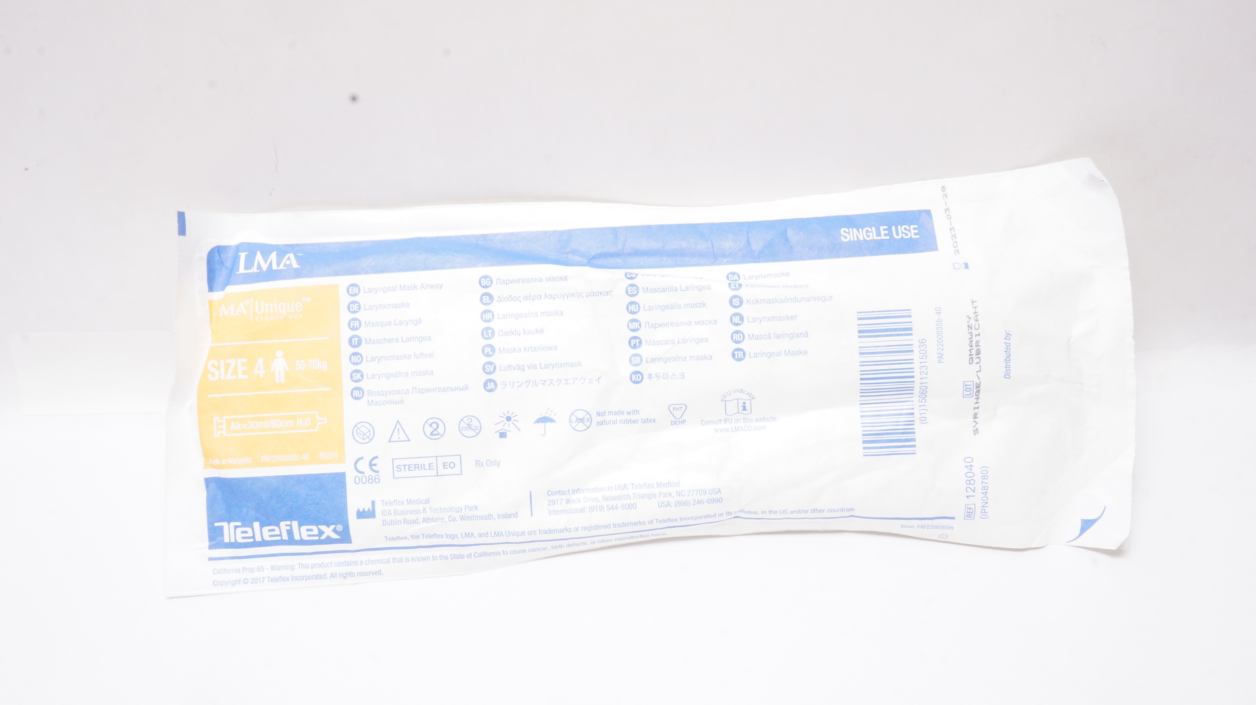 Teleflex 128040 LMA Unique Laryngeal Mask Airway Size 4 50-70kg Air<30ml/60cm(x)