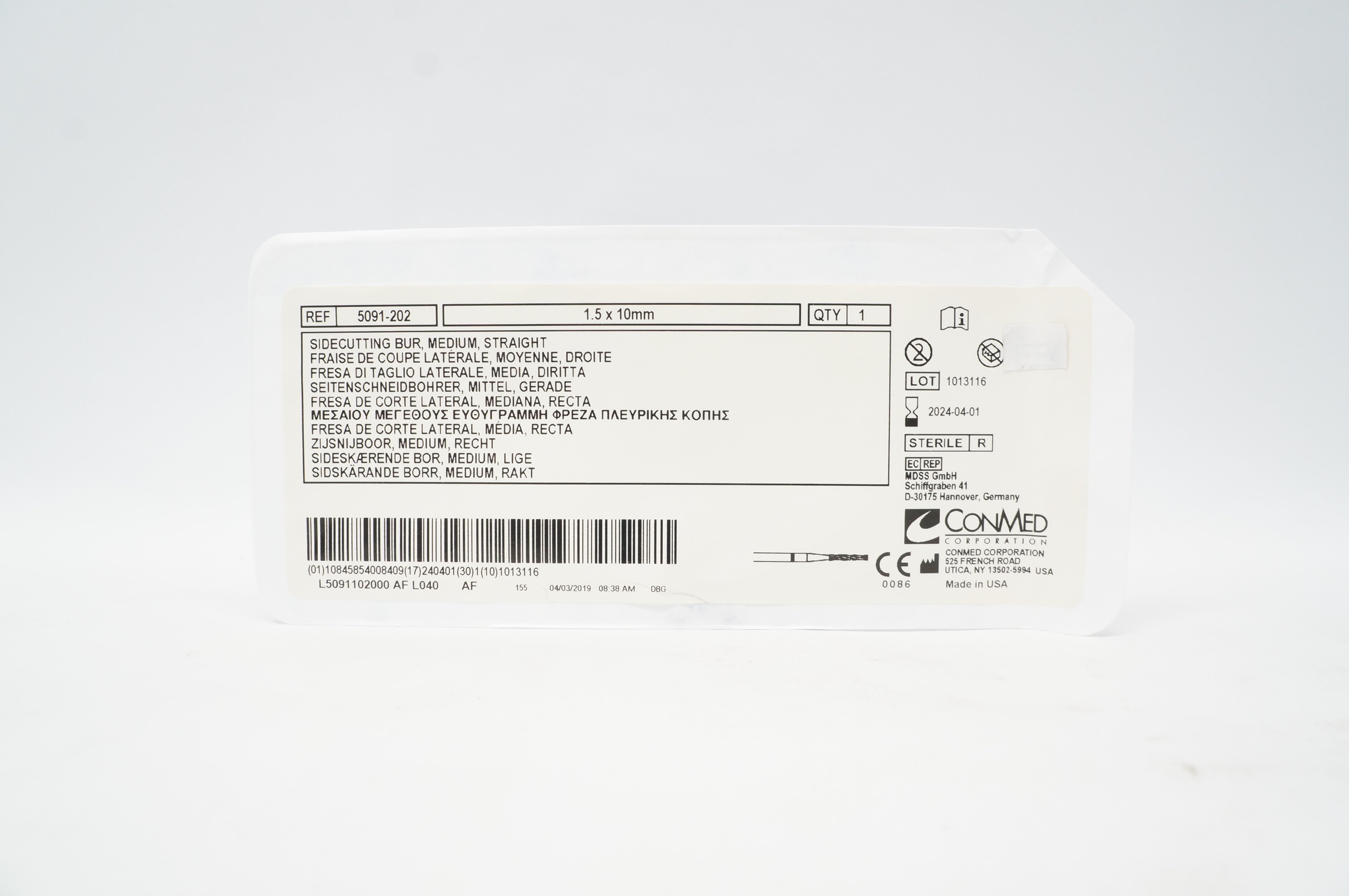 ConMed 5091-202 Sidecutting Bur Medium Straight 1.5 x 10mm