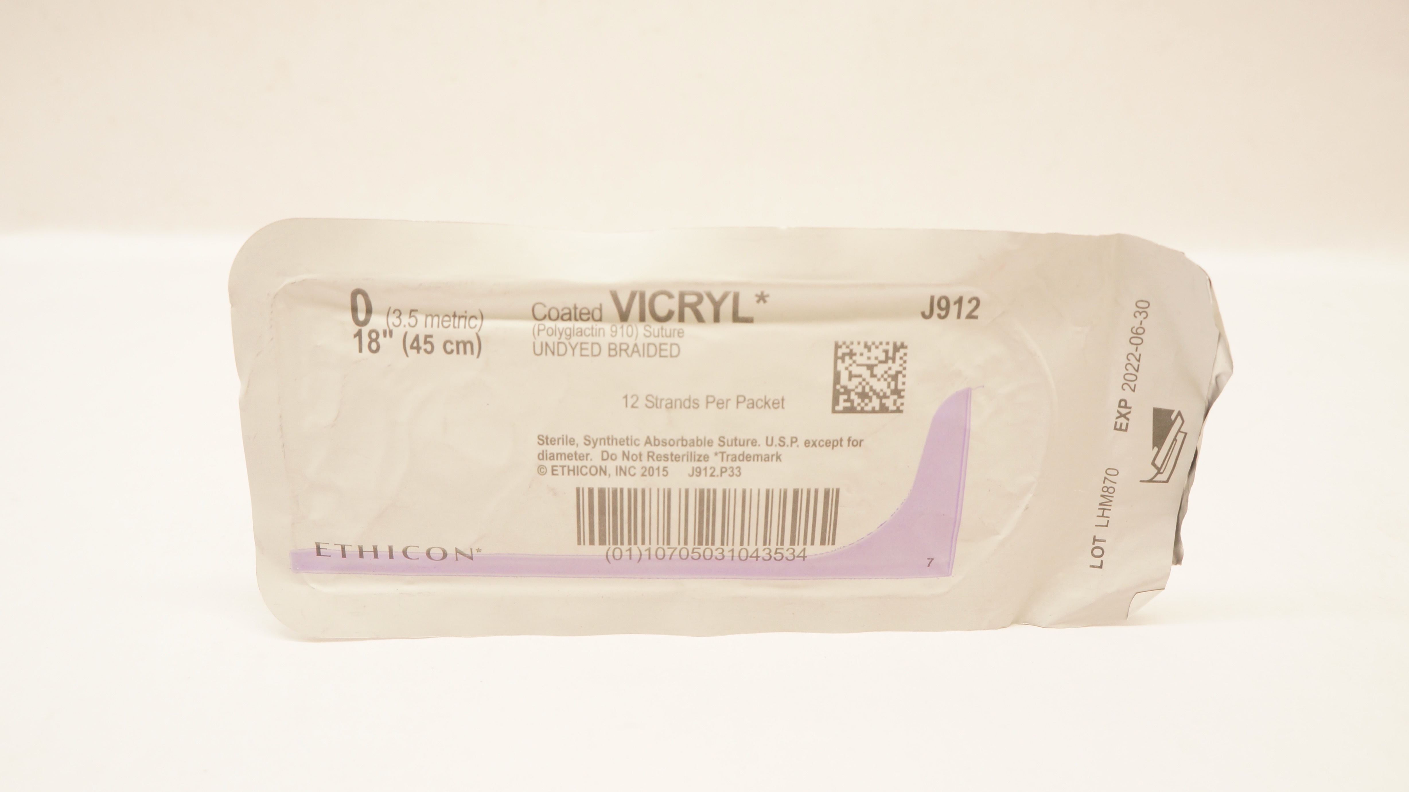 Ethicon J912 0 Coated VICRYL Polyglactin 910 Stre Undyed Braided, 18inch (x)