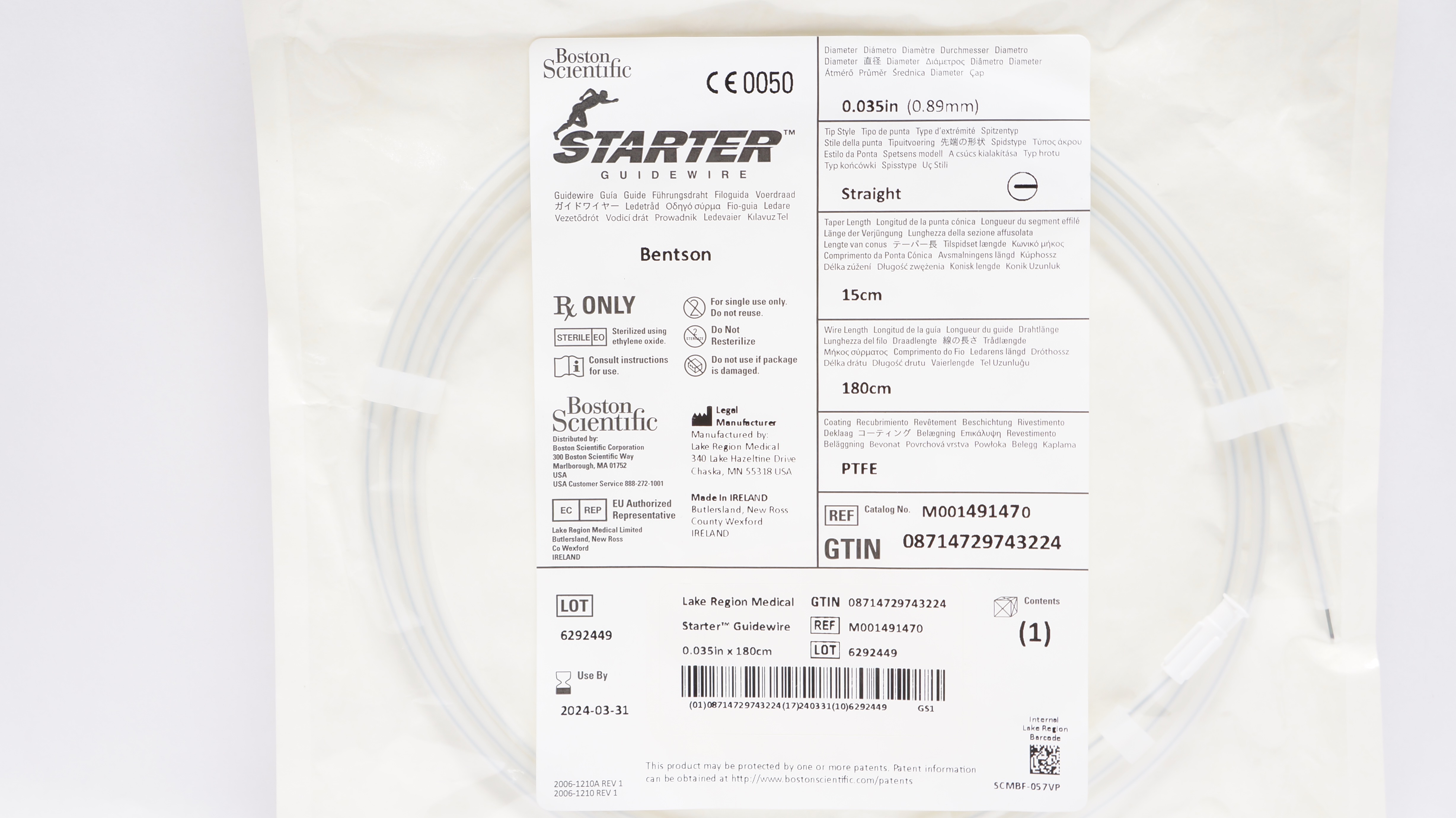 Boston Scientific M001491470 Starter PTFE Guidewire 0.035inch x 180cm x 15cm