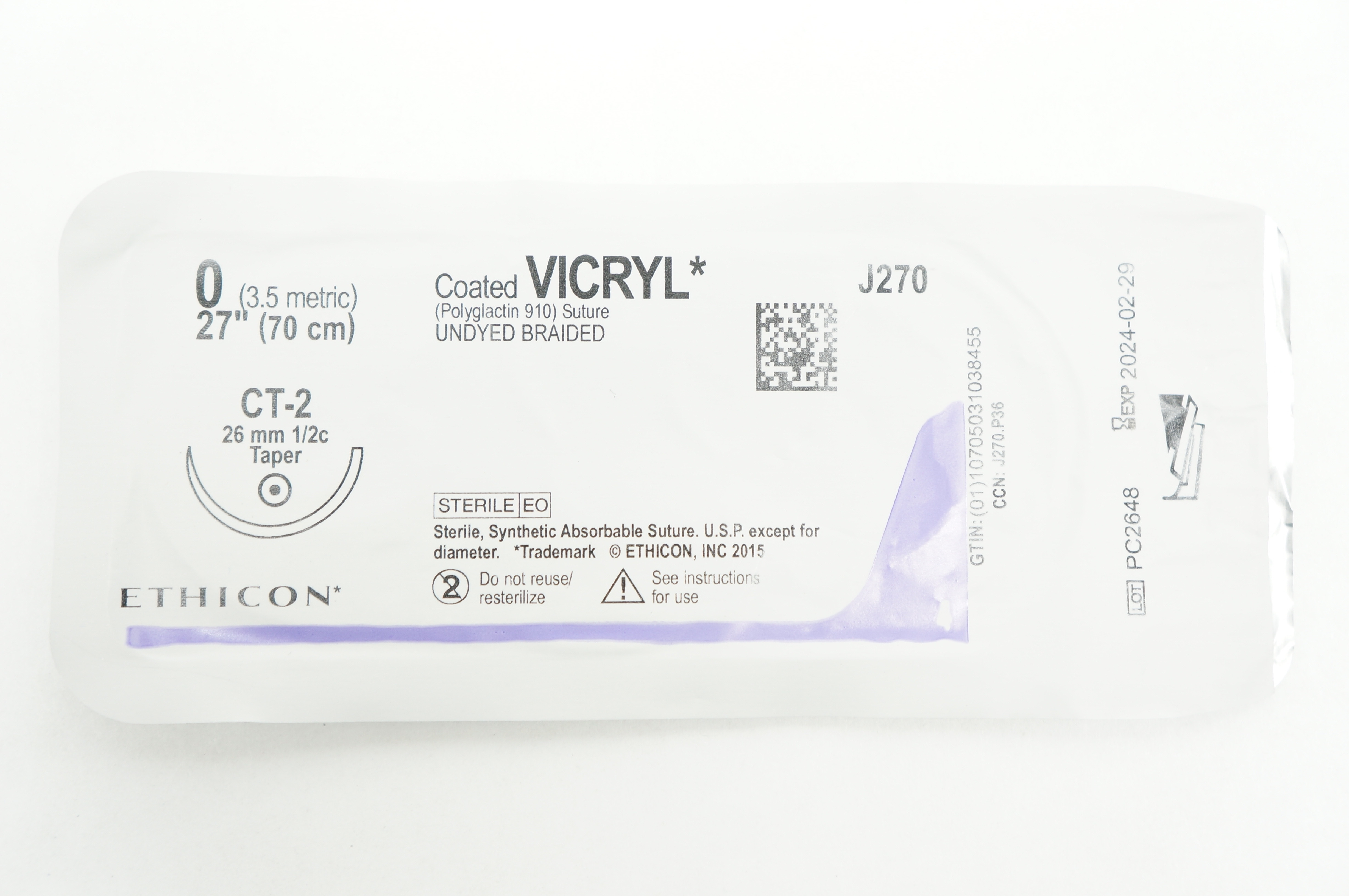 Ethicon J270 0 VICRYL CT-2 26mm 1/2c Taper 27inch (x)