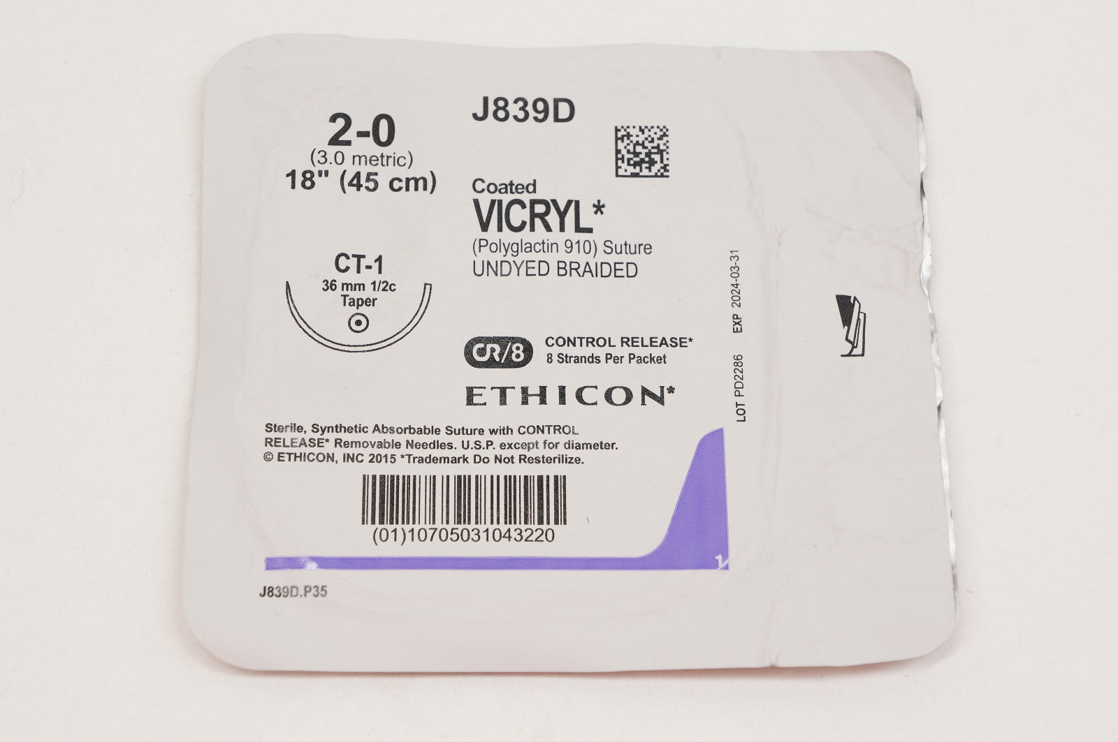 Ethicon J839D 2-0 VICRYL, CT-1, 36mm 1/2c Taper, 18inch