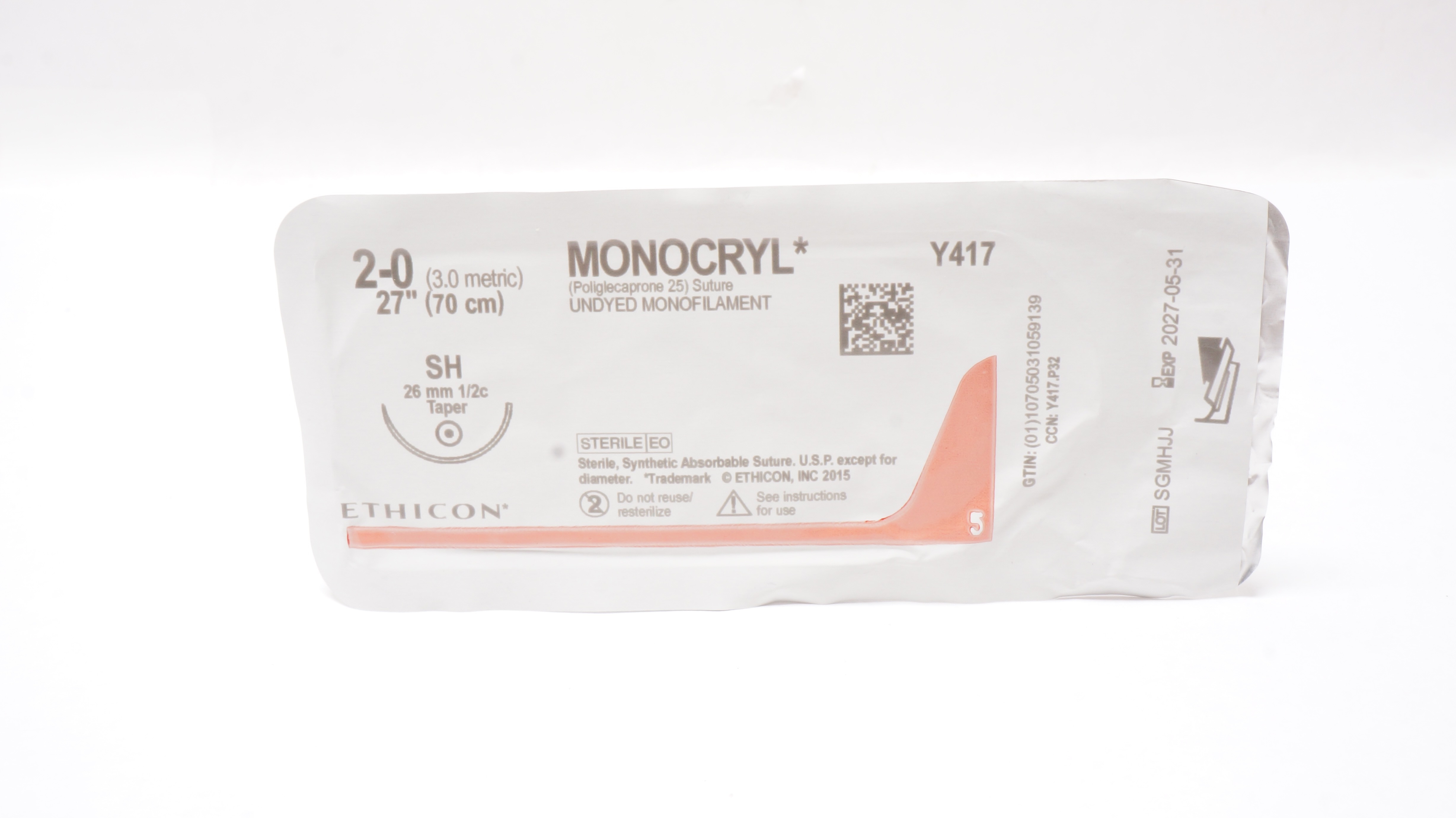 Ethicon Y417 2-0 MONOCRYL Undyed Monofilament, SH, 26mm1/2c Taper, 27inch
