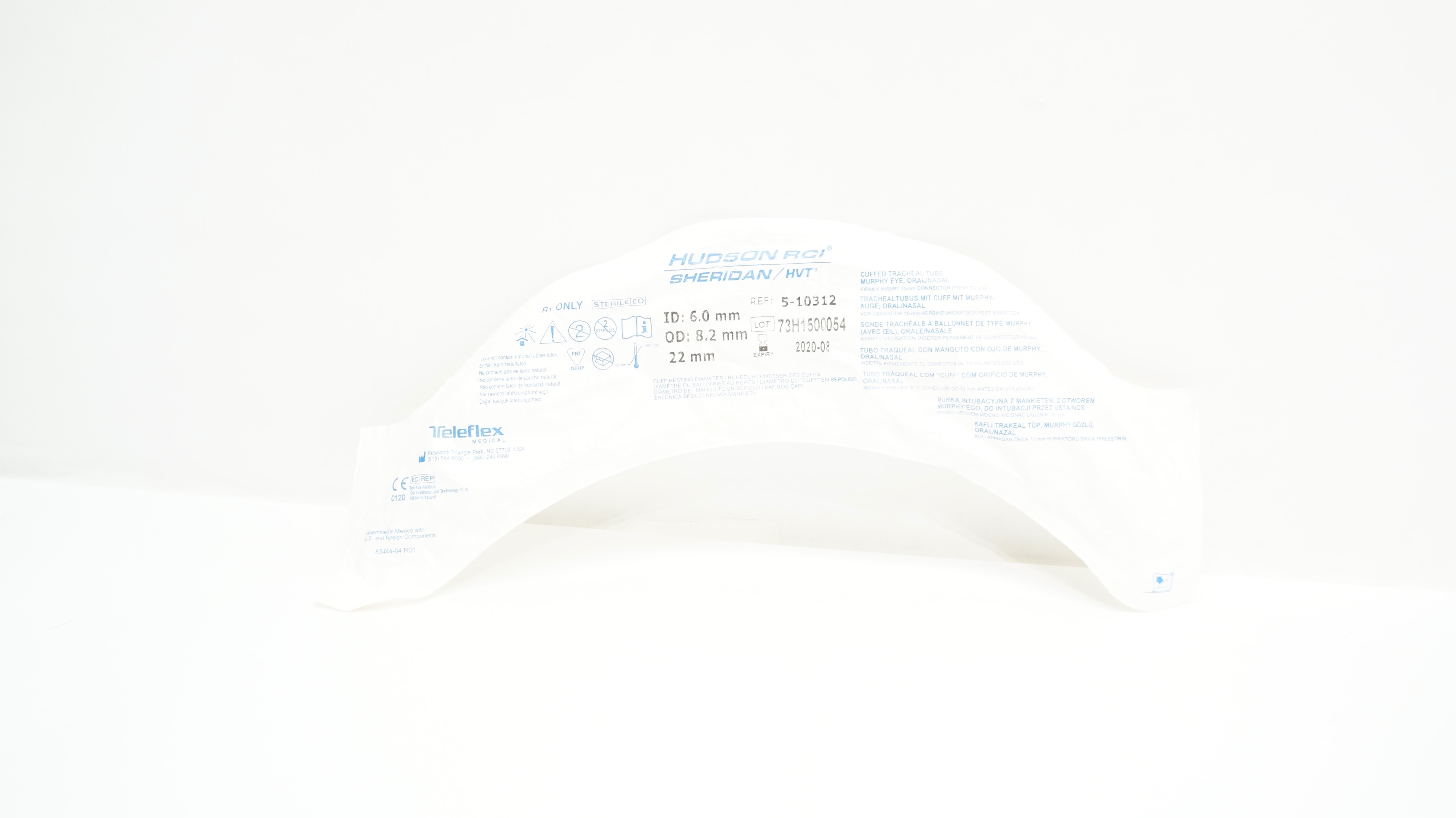 Teleflex 5-10312 Hudson RCI Sheridan HVT Cuffed Tracheal Tube 6.0x8.2x22 mm (x)