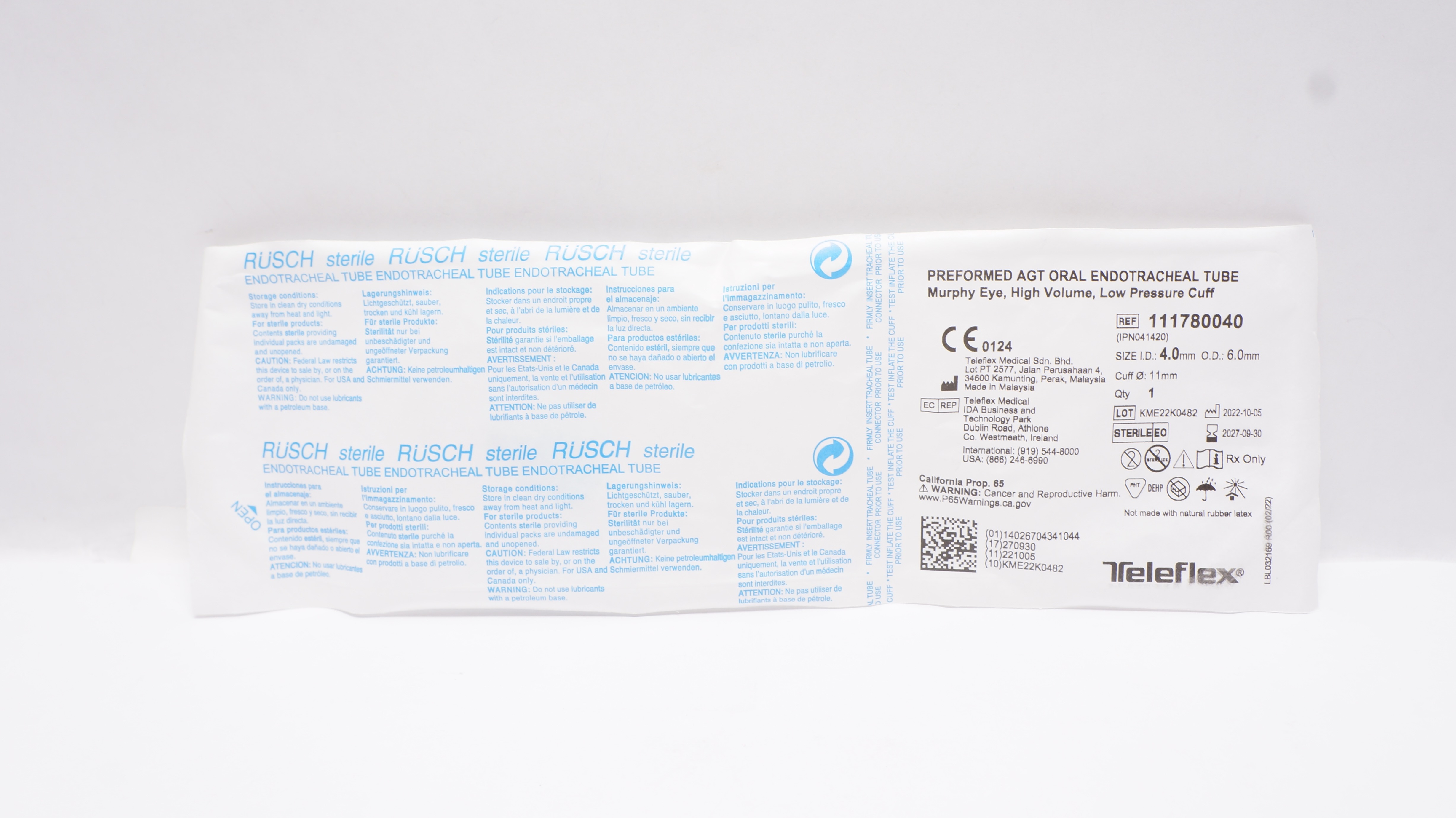 Teleflex 111780040 Rusch Oral Endotracheal Tube 4.0 x 6.0 x 11.0mm