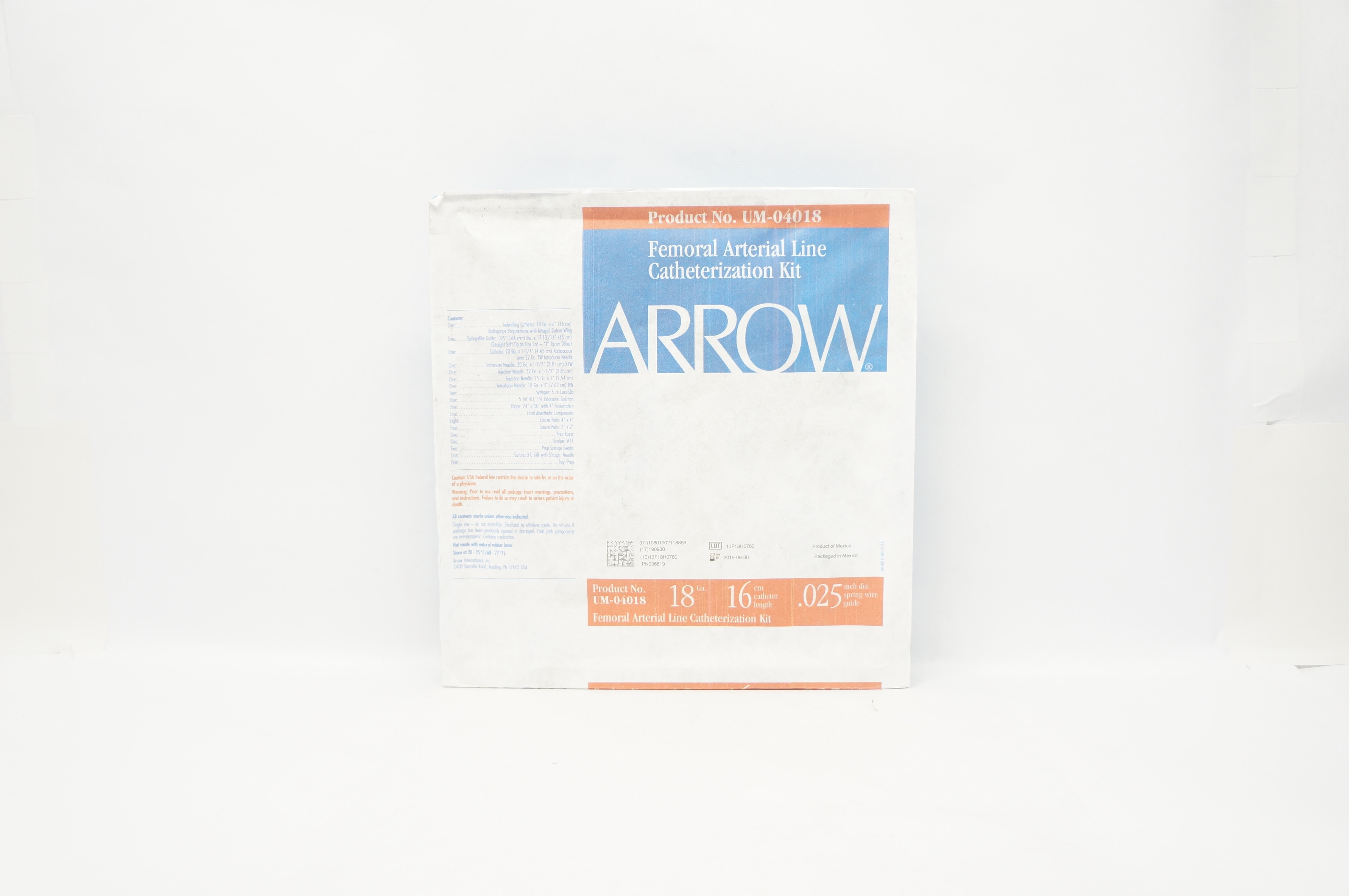 Arrow UM-04018 Femoral Arterial Line Cath. Kit 18Ga x 16 cm x .025 inch (x)