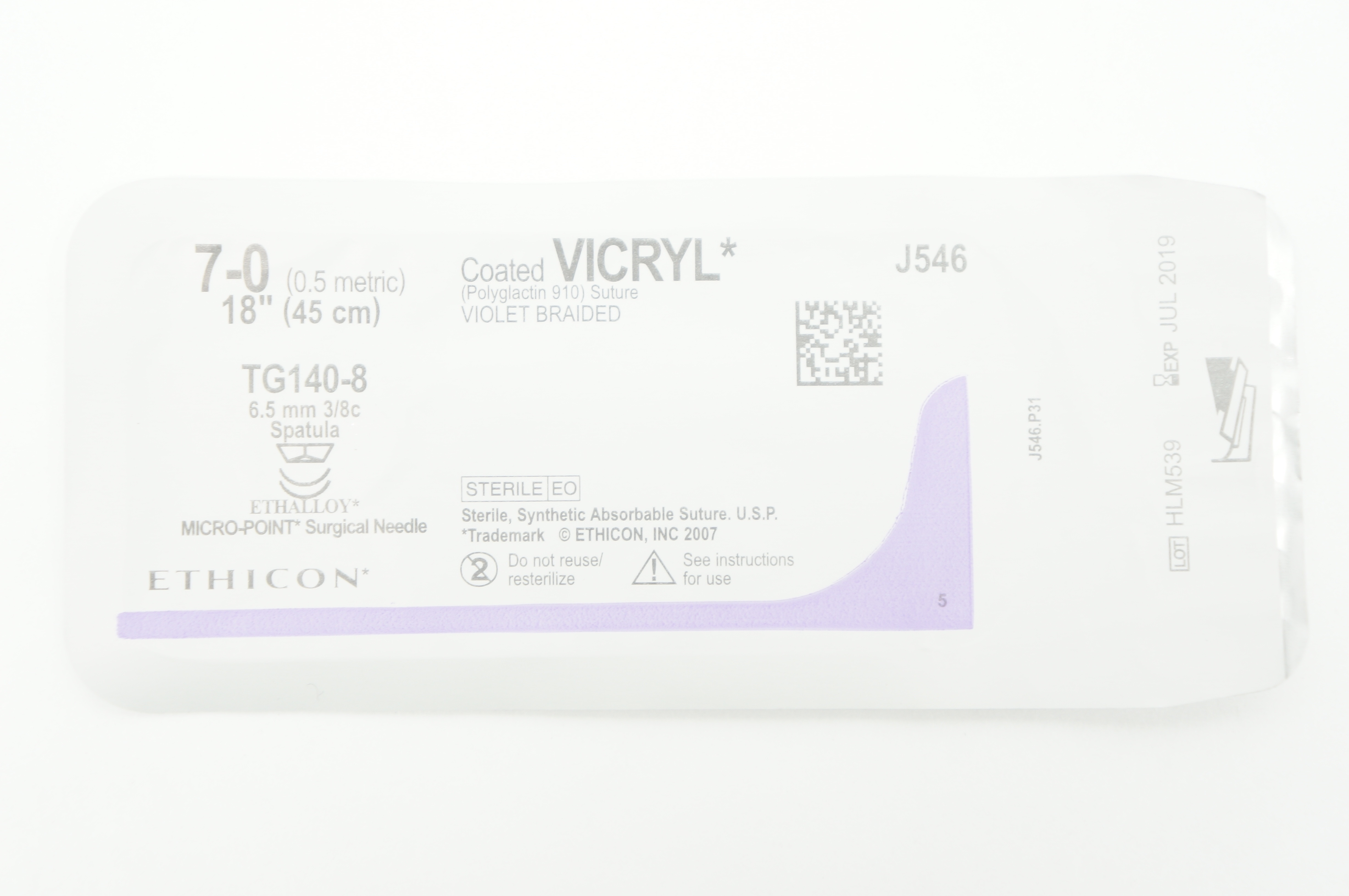 Ethicon J546 7-0 VICRYL TG140-8 6.5mm 3/8c Spatula 18inch (x)