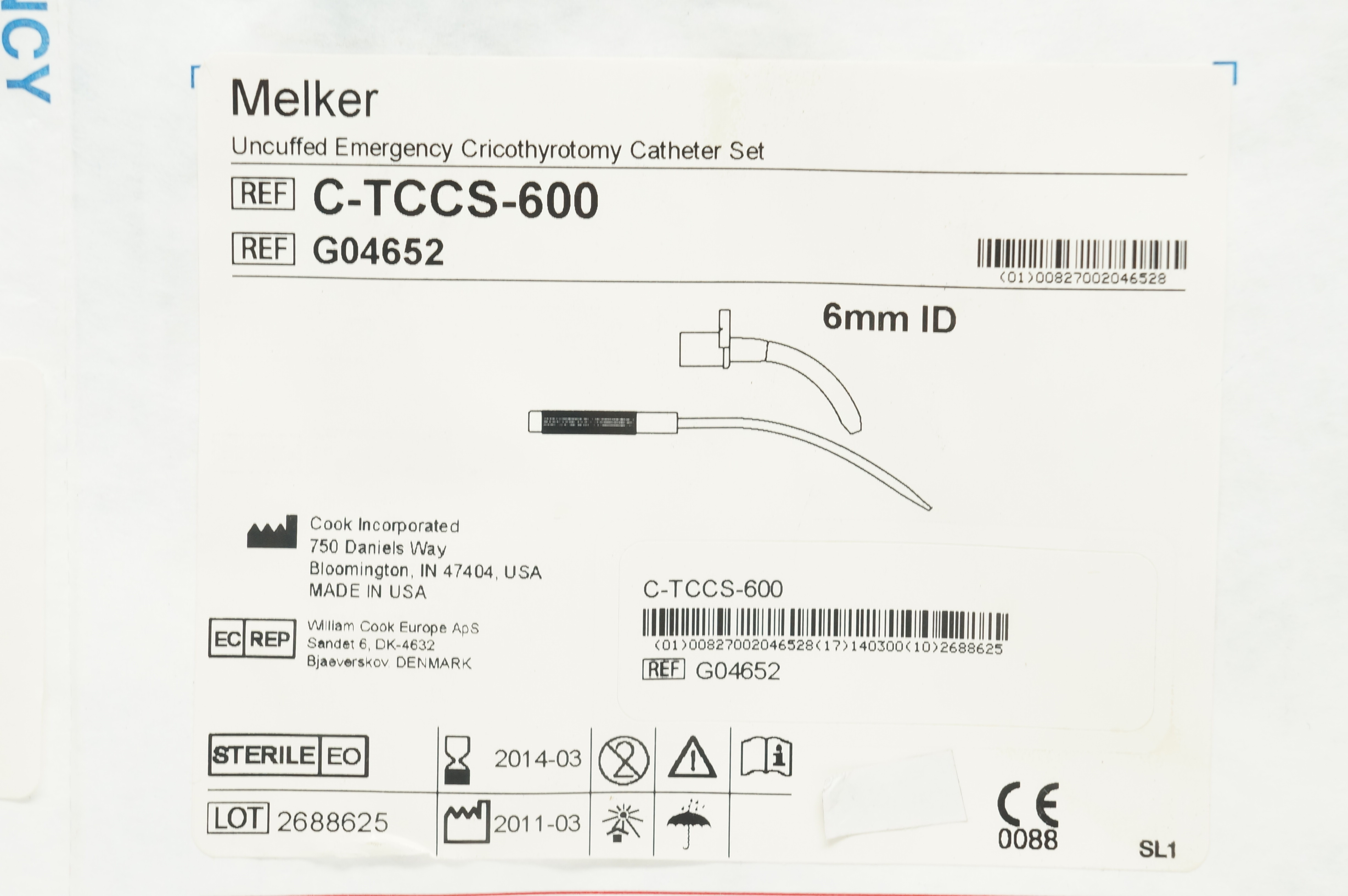 Cook Medical G04652 Melker Uncuffed Emergency Cricothyrotomy Cath. Set 6mm ID(x)