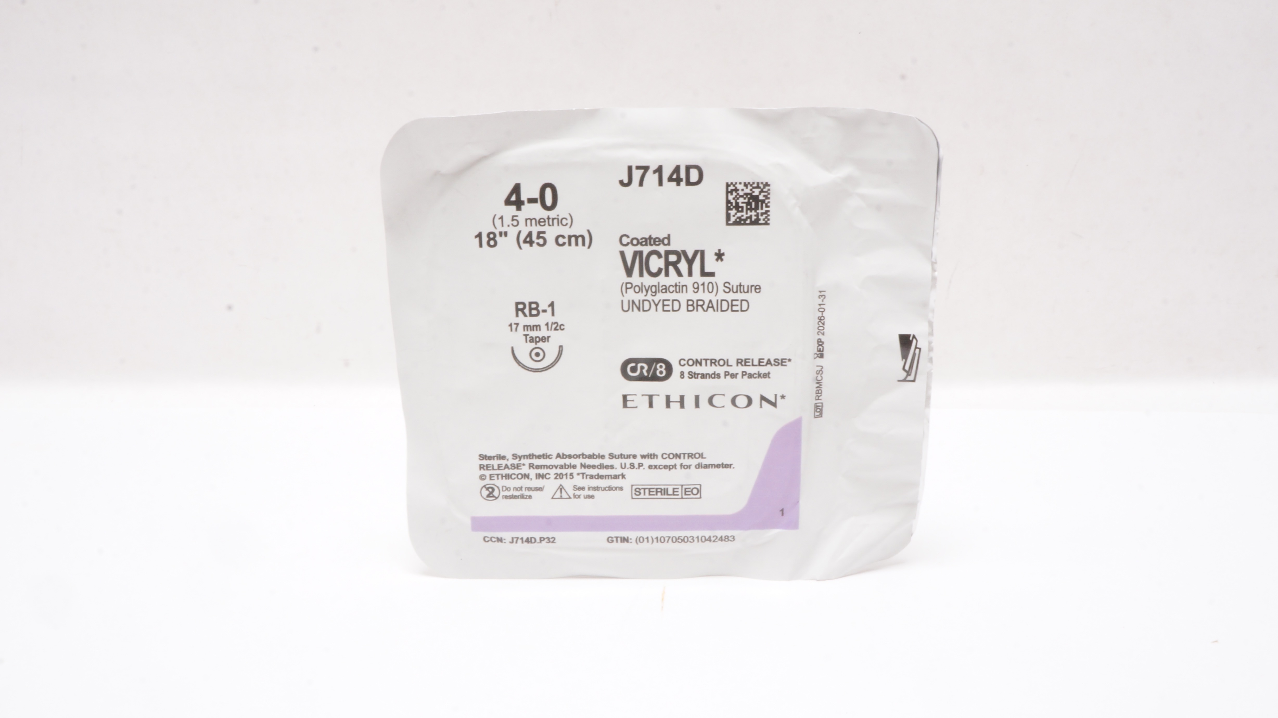 Ethicon J714D 4-0 Coated VICRYL RB-1 17mm 1/2c Taper 18inch