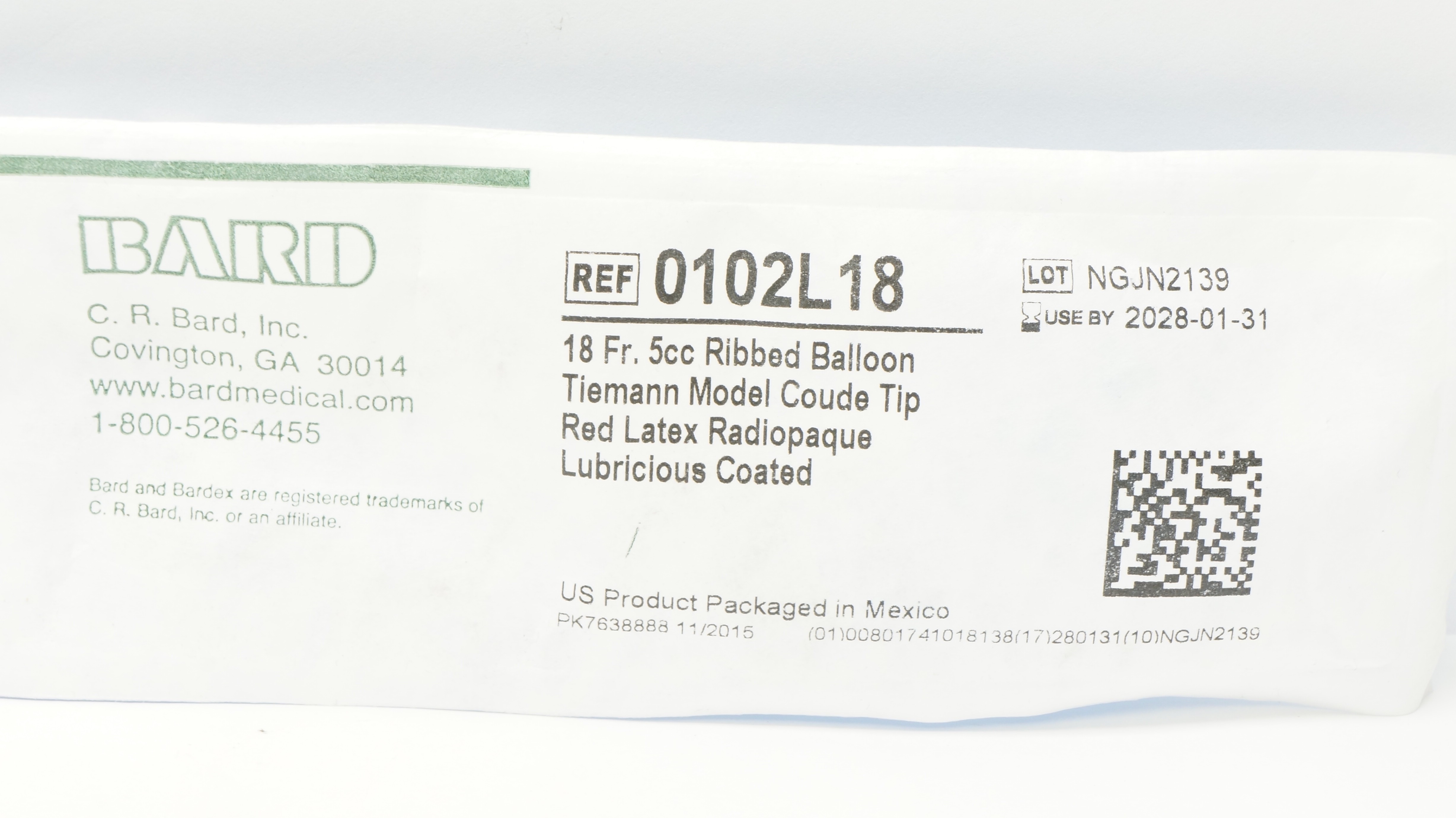 Bard 0102L18 Bardex Foley Cath. Tiemann Model 18 Fr 5cc Ribbed Balloon