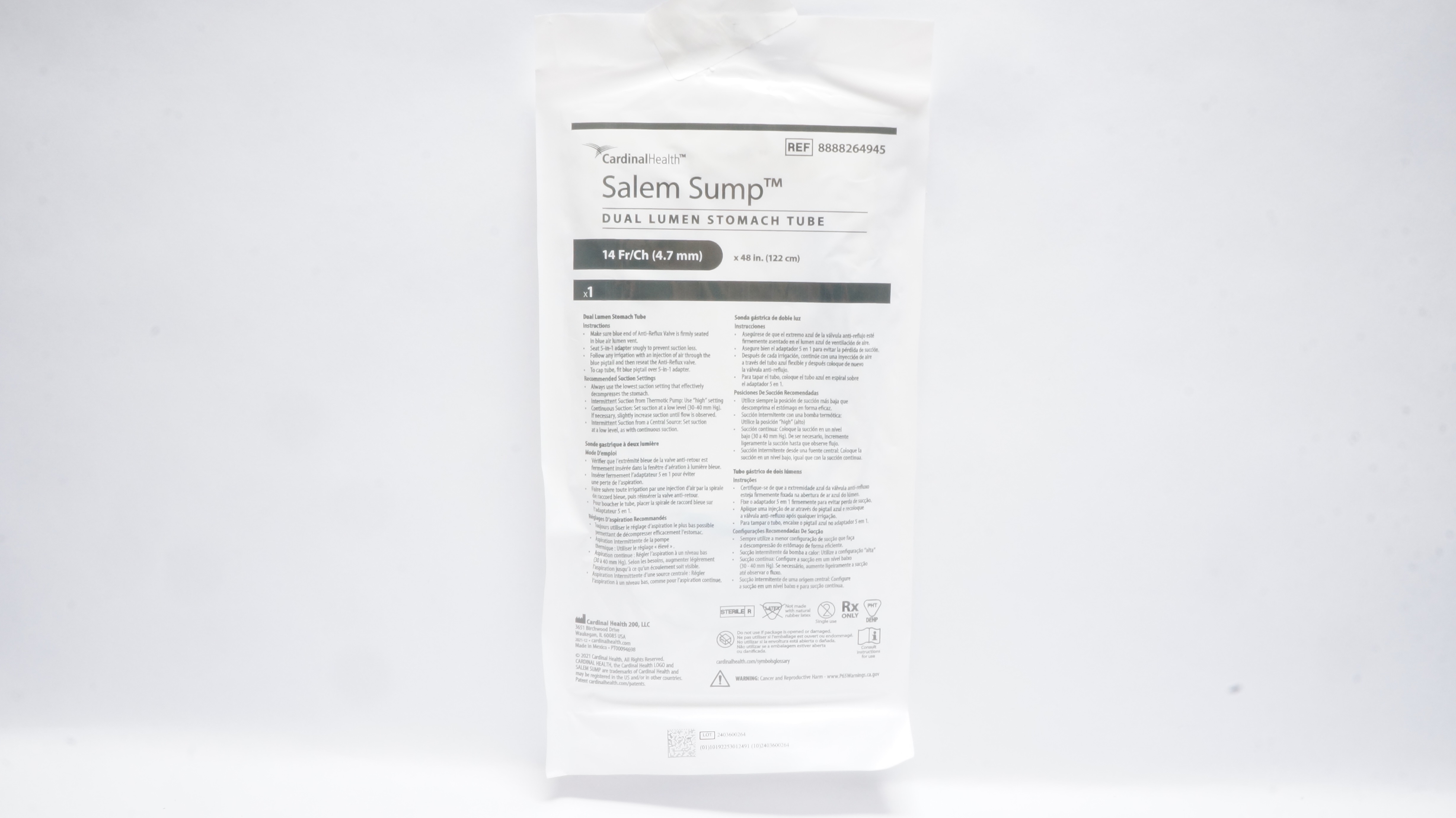 Cardinal Health 8888264945 Salem Sump Dual Lumen Stomach Tube 14Fr/Ch x 48In