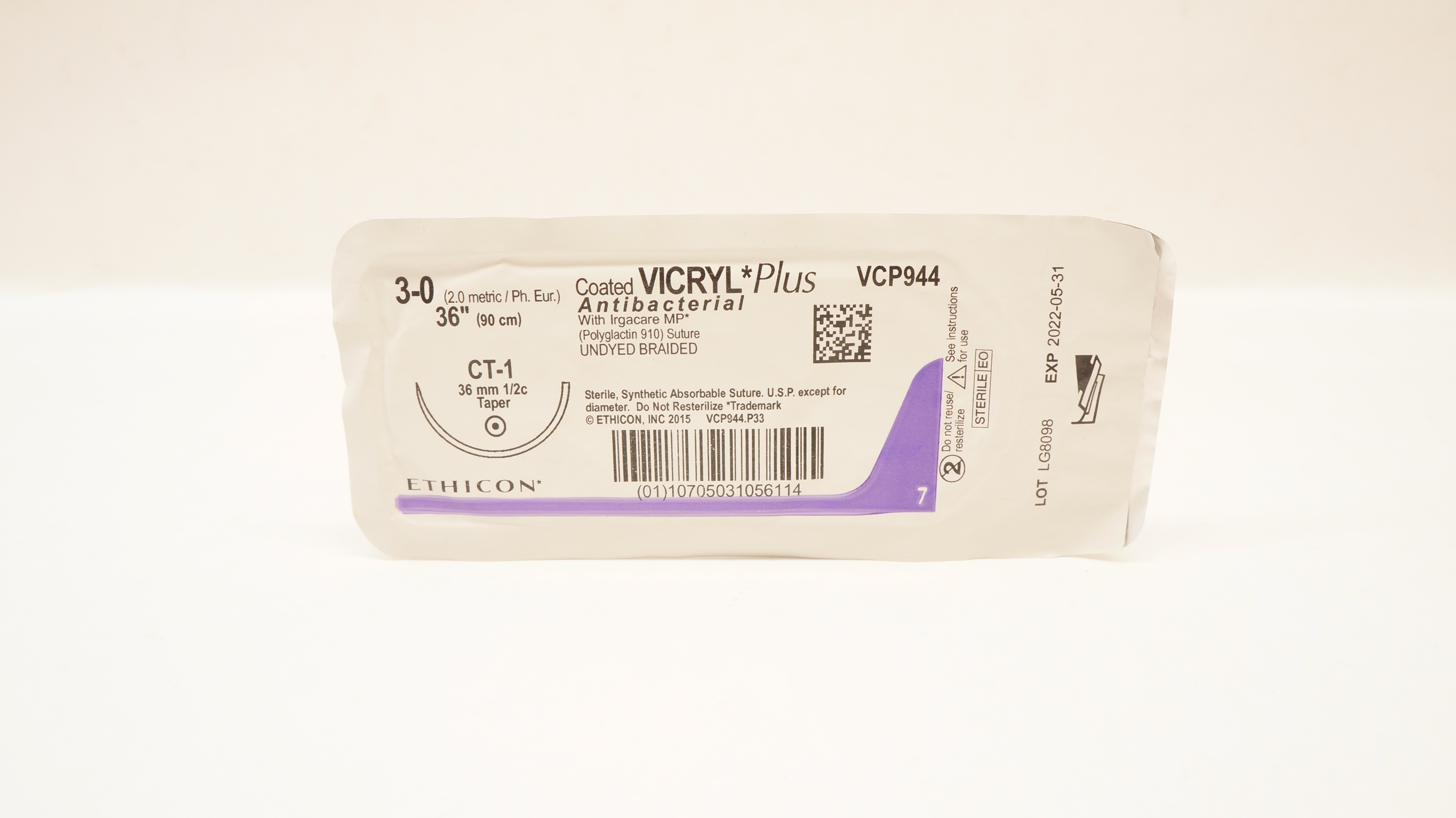 Ethicon VCP944 3-0 Coated VICRYL Plus, CT-1 36mm 1/2c Taper, 36inch (x)