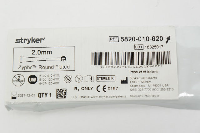 Stryker 5820-010-620 Zyphr Round Fluted Bur 2.0mm (x)