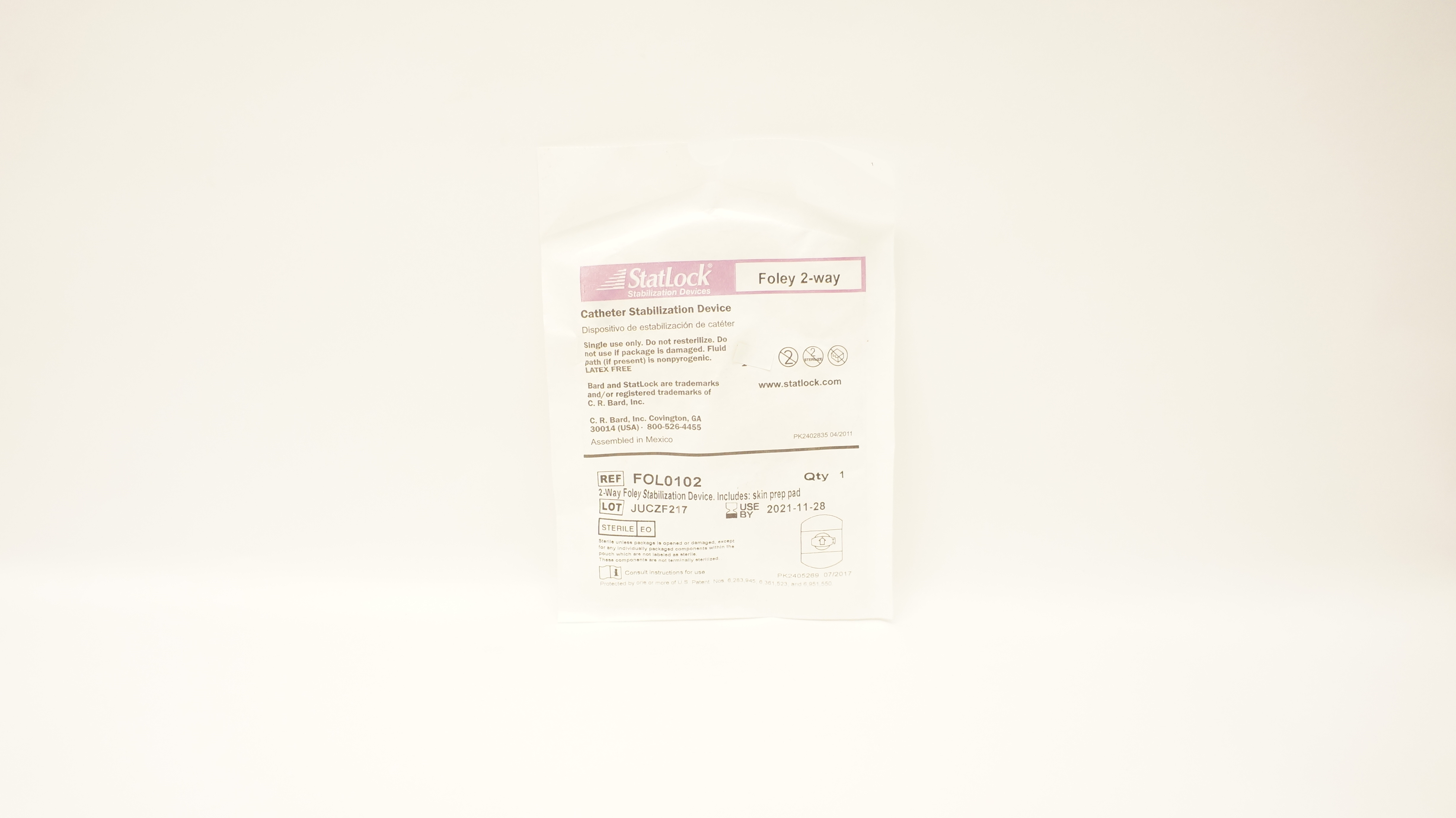 Bard FOL0102 StatLock Cath. Stabilization Device Foley 2-way (x)