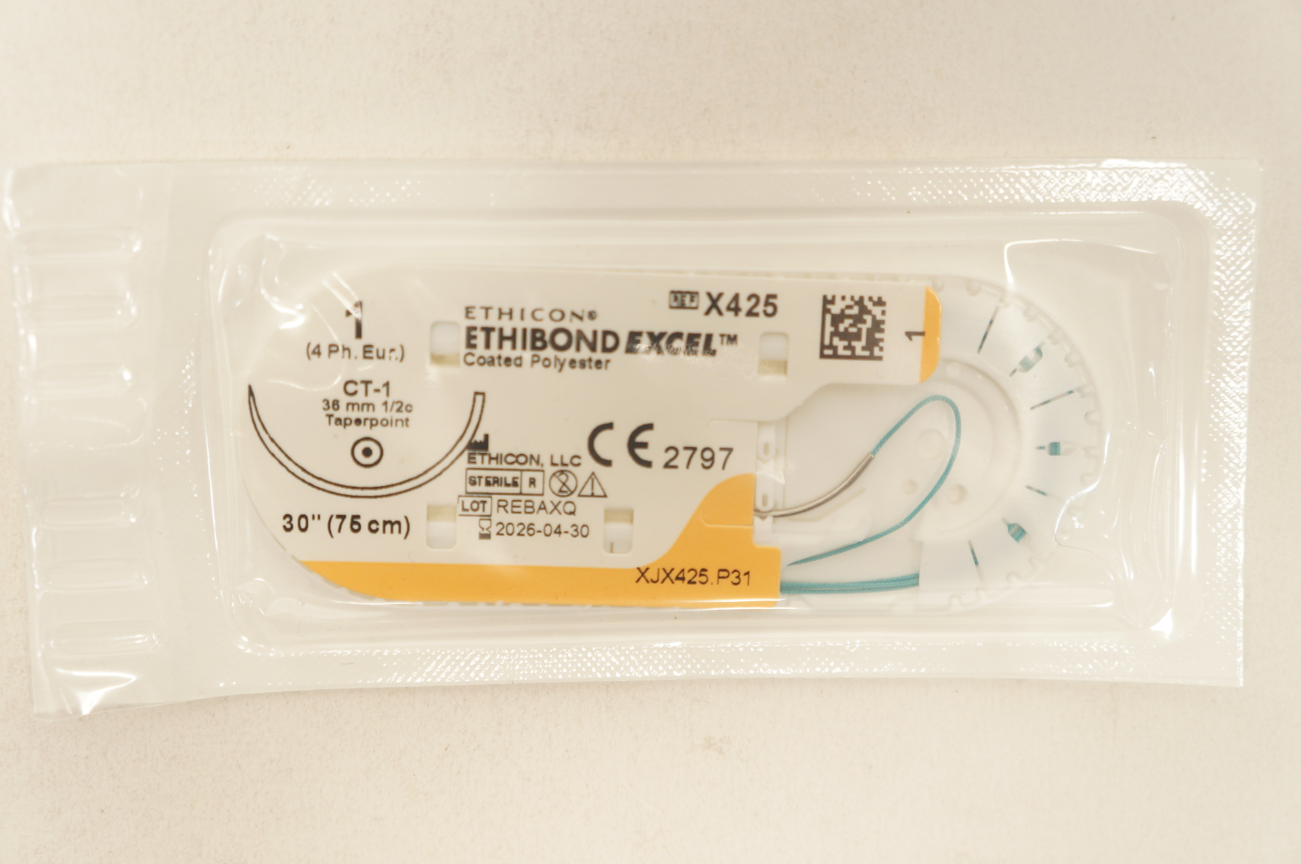Ethicon X425 1 ETHIBOND EXCEL Coated Polyester CT-1 36mm 1/2c Taperpoint 30inch