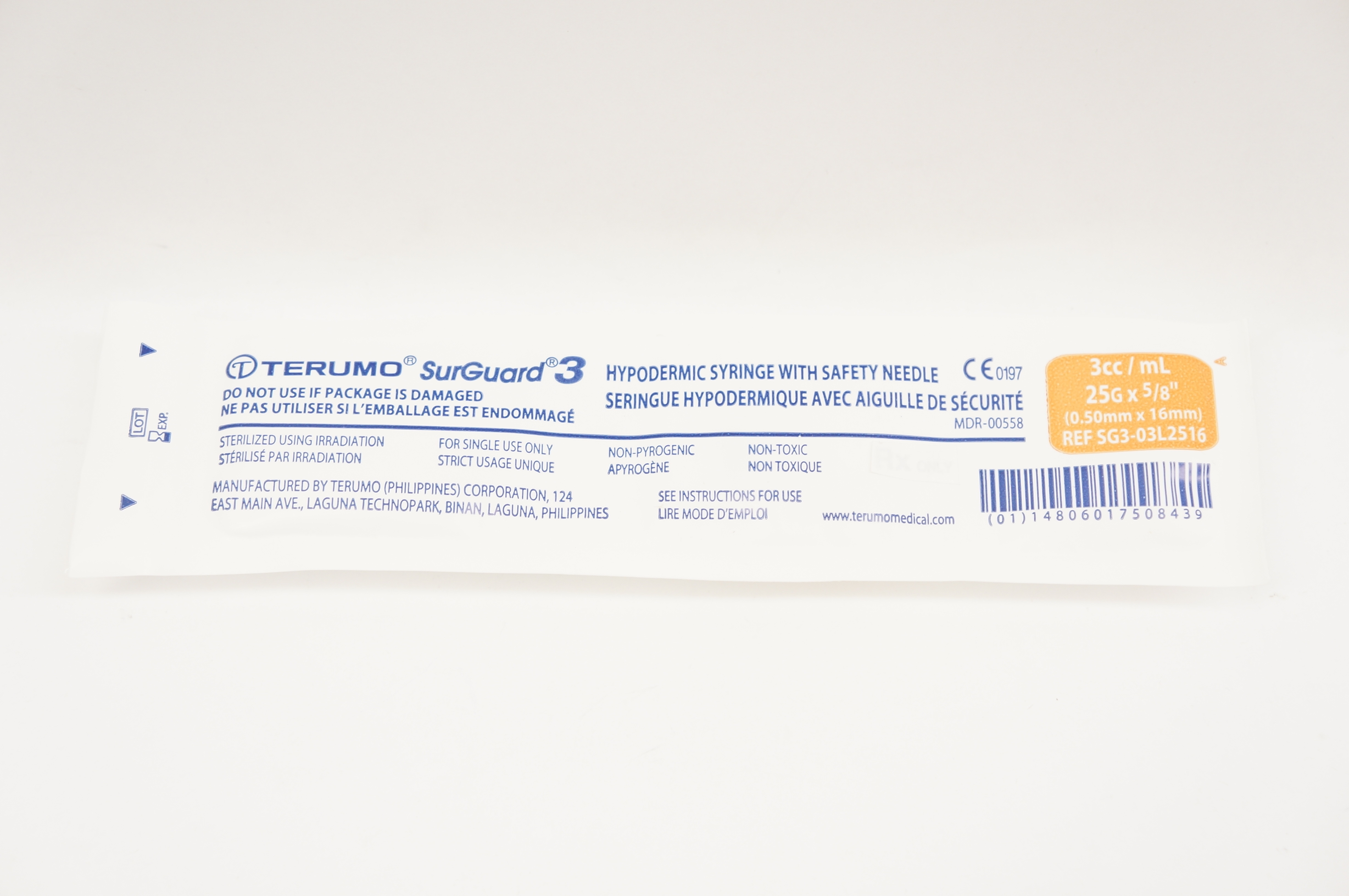 Terumo SG3-03L2516 SurGuard 3 Hypodermic Syringe with Safety Ndle 3mL, 25G x 5/8