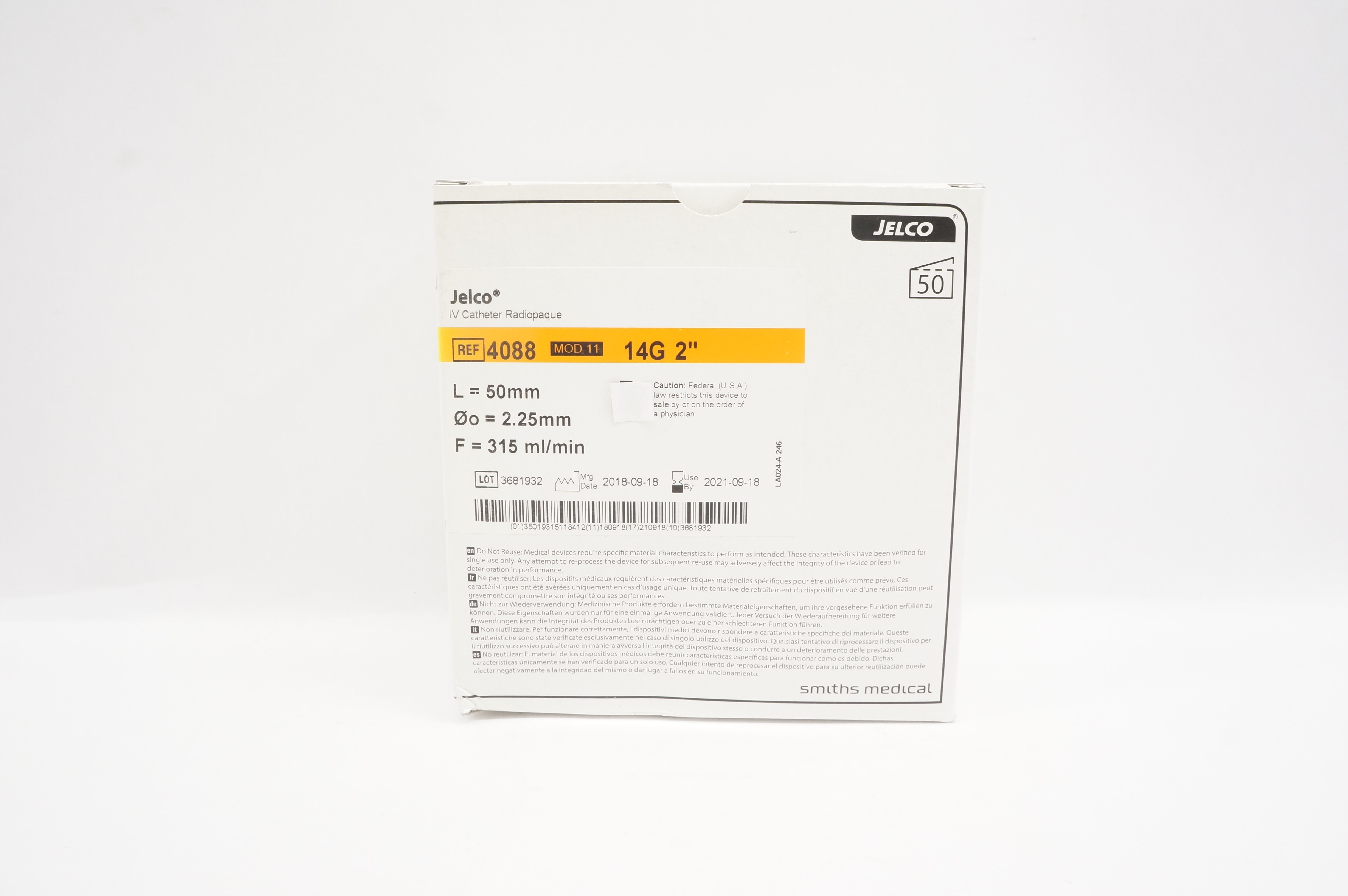 Smiths Medical 4088 Jelco I.V. Cath. Radiopaque 14G x 2inch - Box of 50 (x)