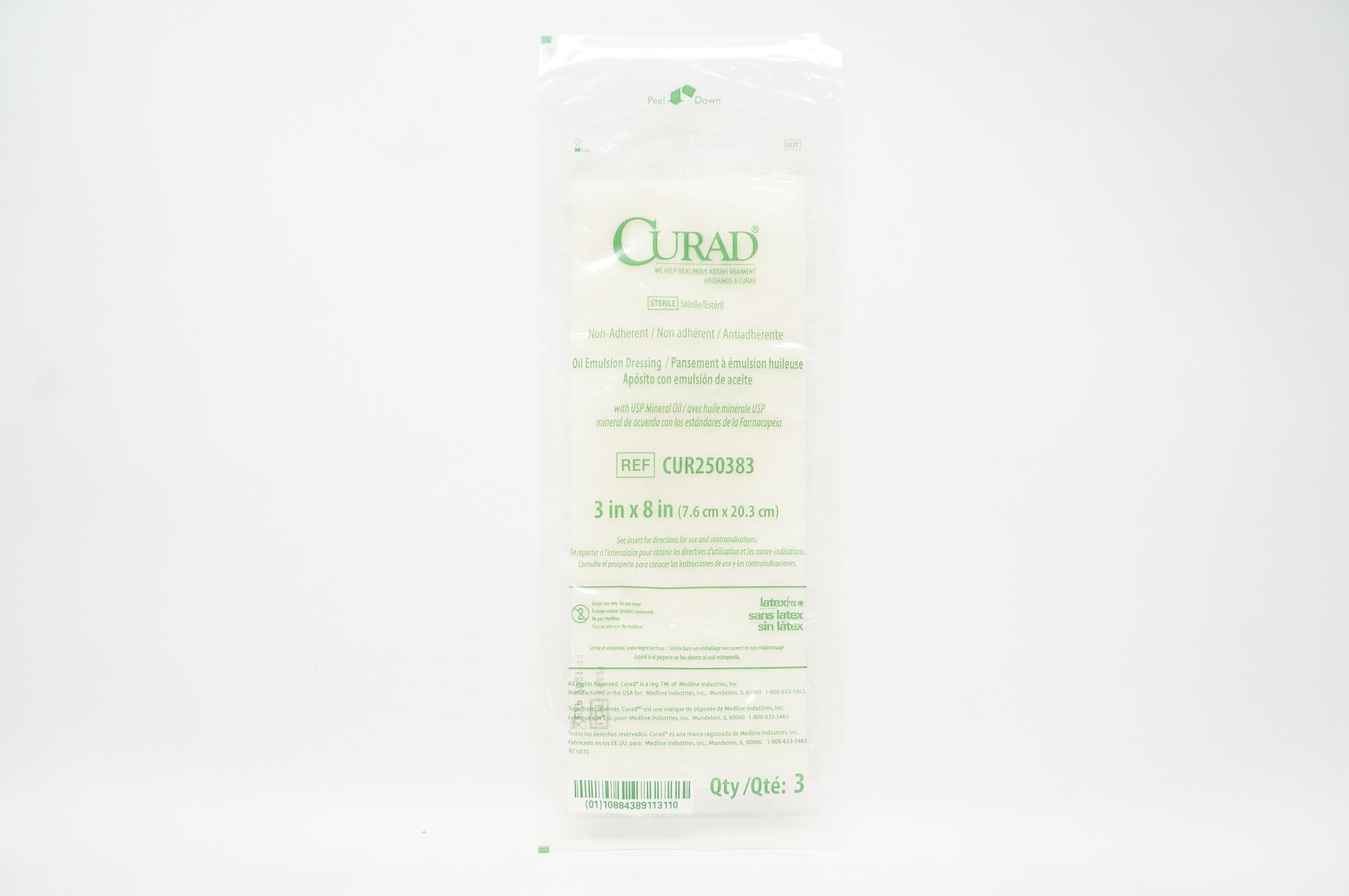 Medline CUR250383 Curad Non-Adherent Oil Emulsion Dressing 3 x 8in (x)-Pack of 3
