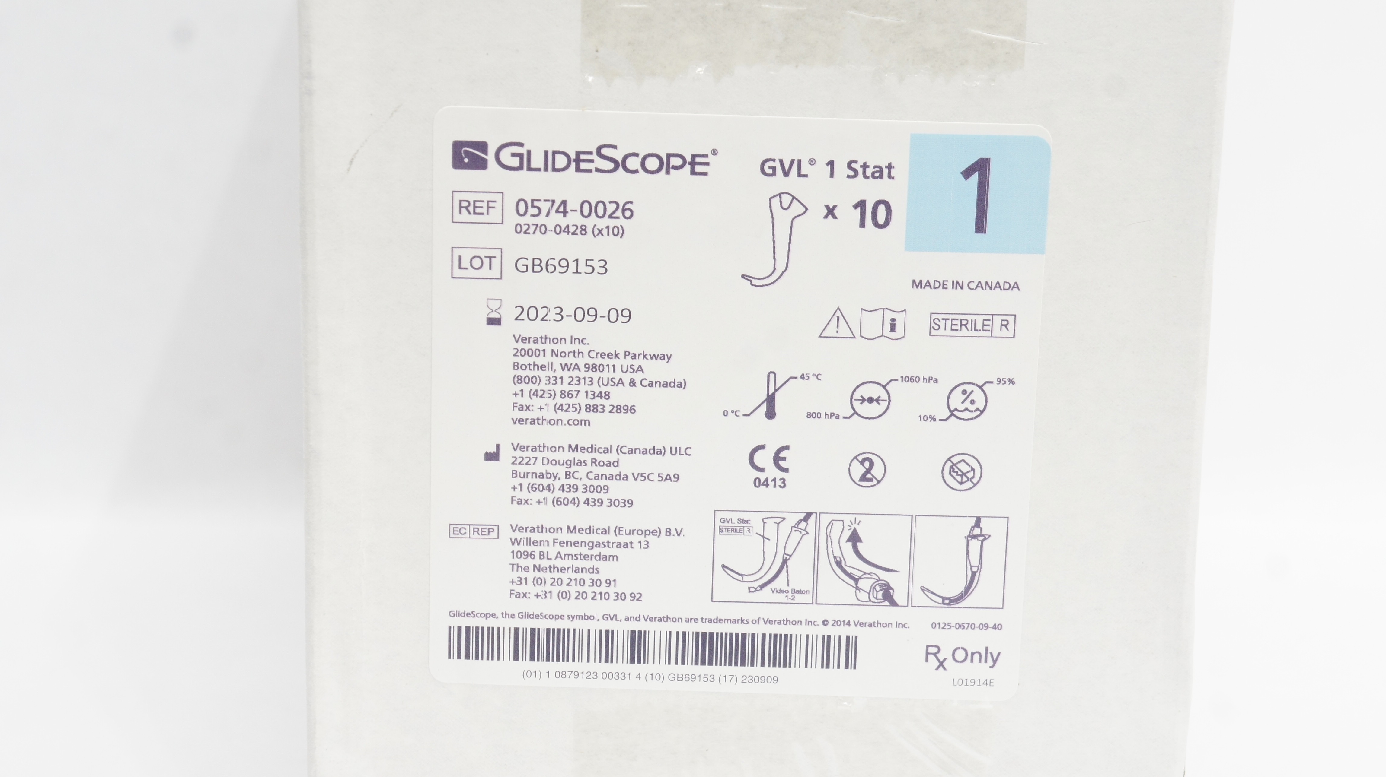 Verathon 0574-0026 GlideScope GVL 1 Stat Video Laryngoscope (x) - Box of 10