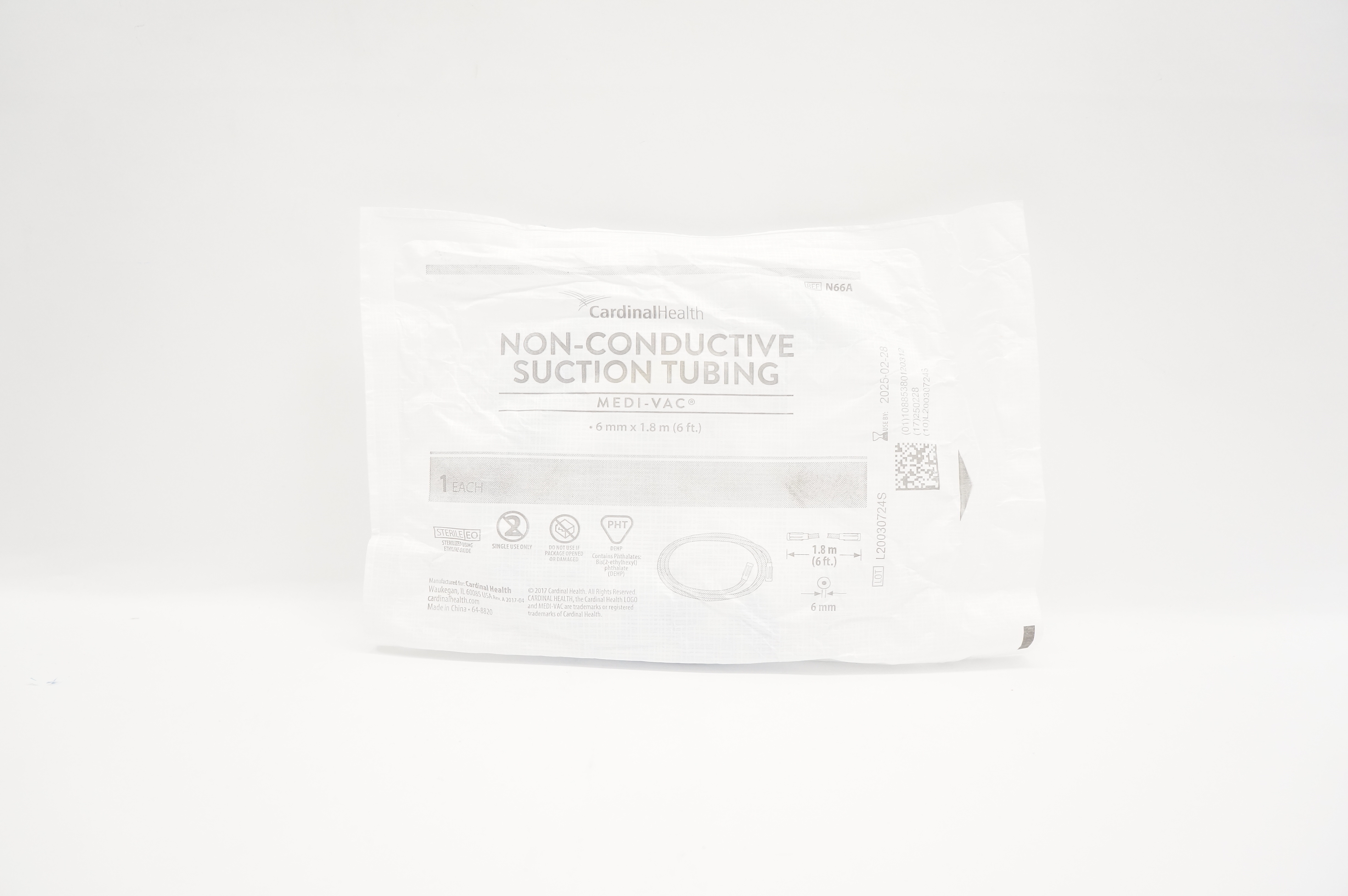 Cardinal Health N66A Medi-Vac Non-Conductive Suction Tubing 6mm x 1.8m