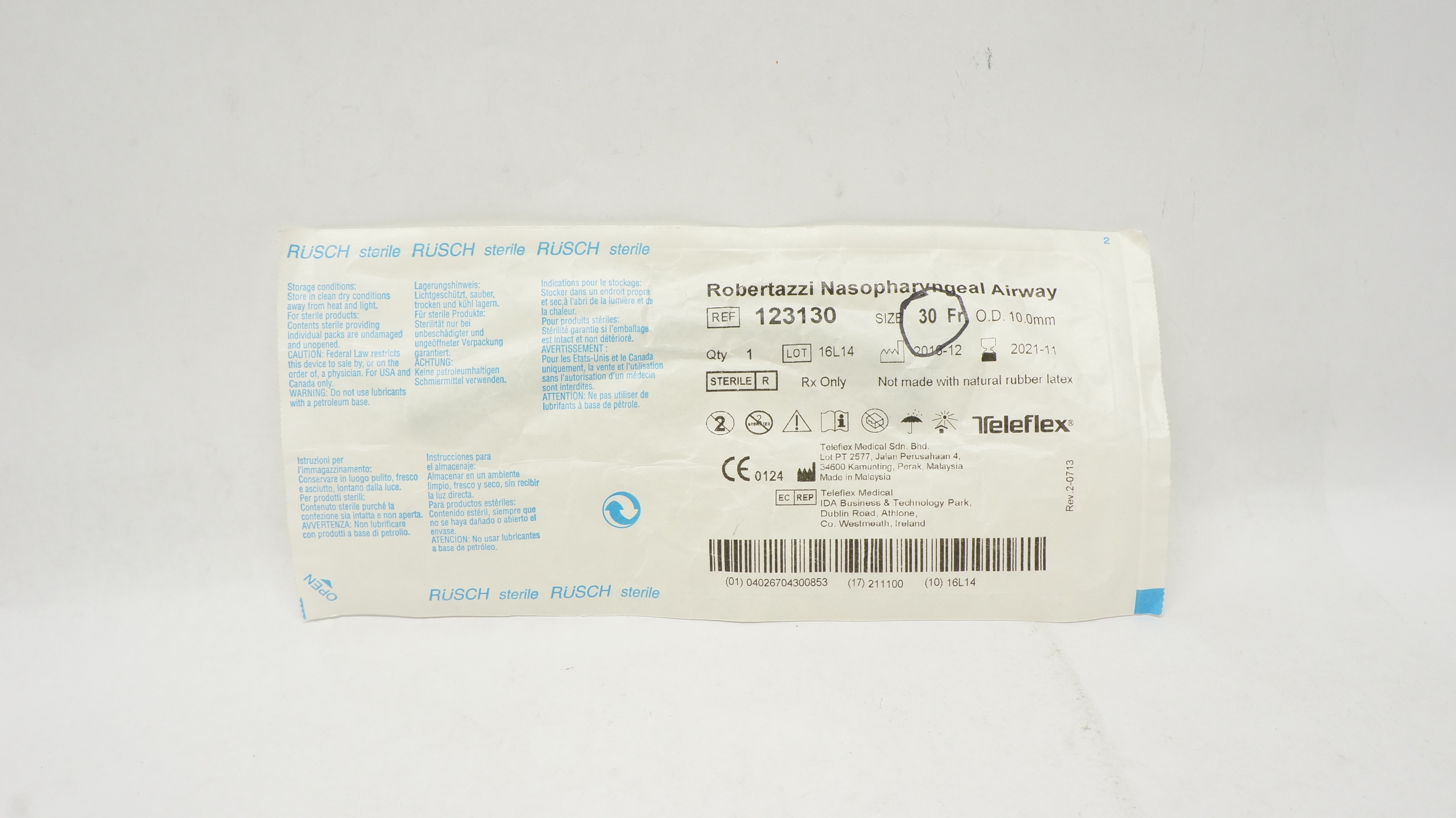 Teleflex 123130 Rusch Robertazzi Nasopharyngeal Airway 30Fr x 10.0mm O.D. (x)