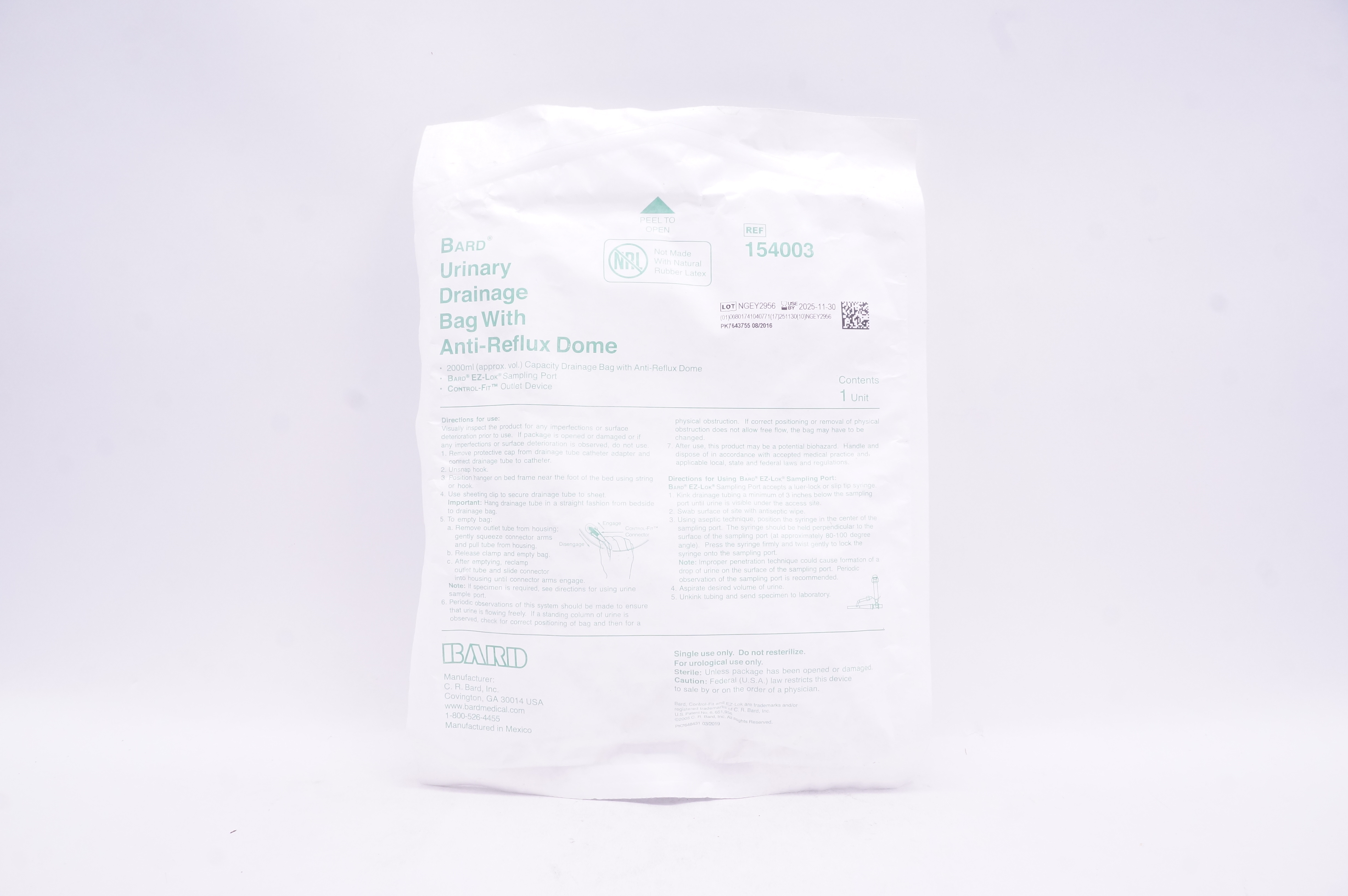 Bard 154003 Urinary Drainage Bag with Anti-Reflux Dome 2000ml