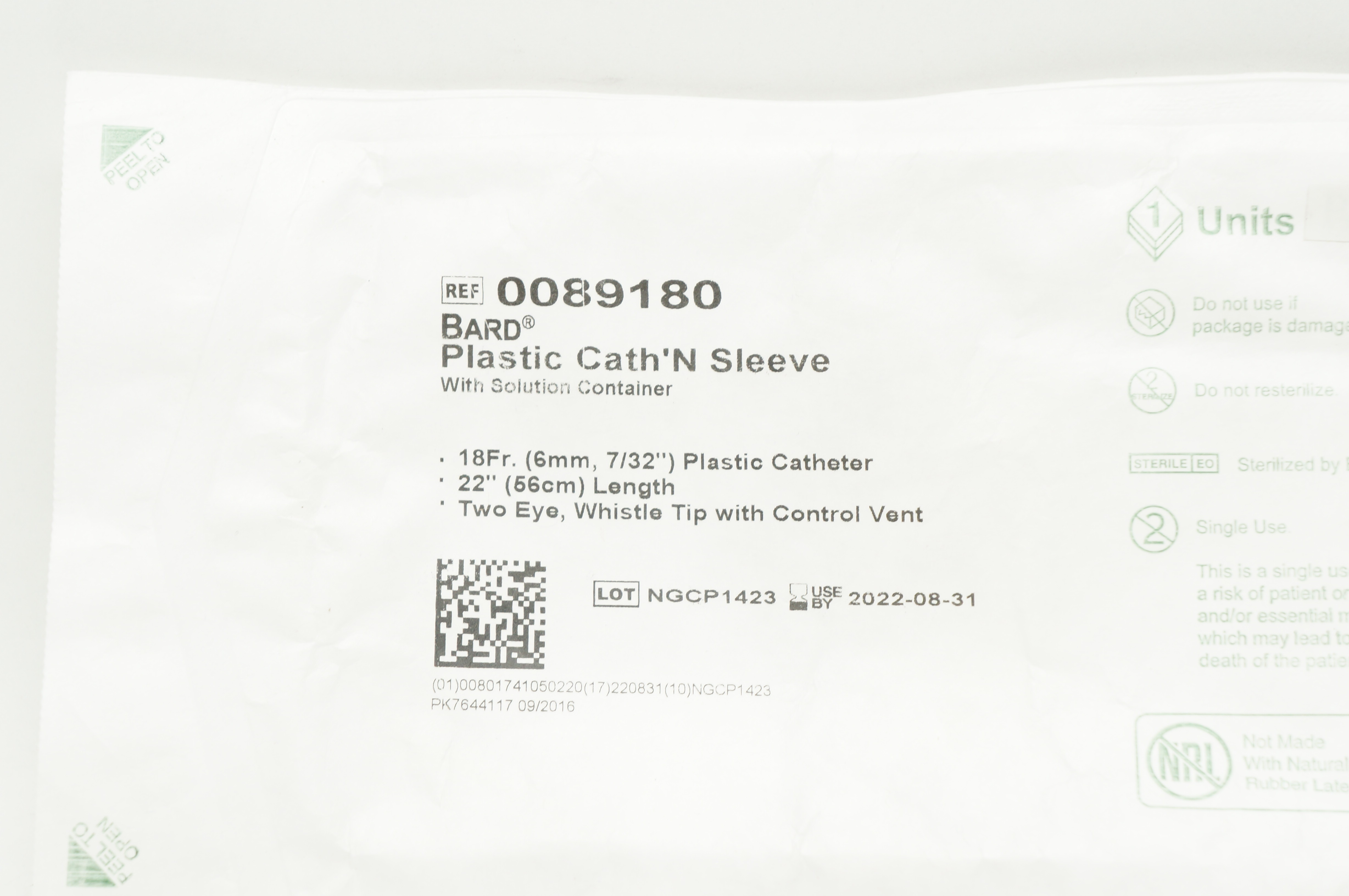 Bard 0089180 Plastic Cath'N Sleeve With Solution Container 18Fr x 22inch (x)