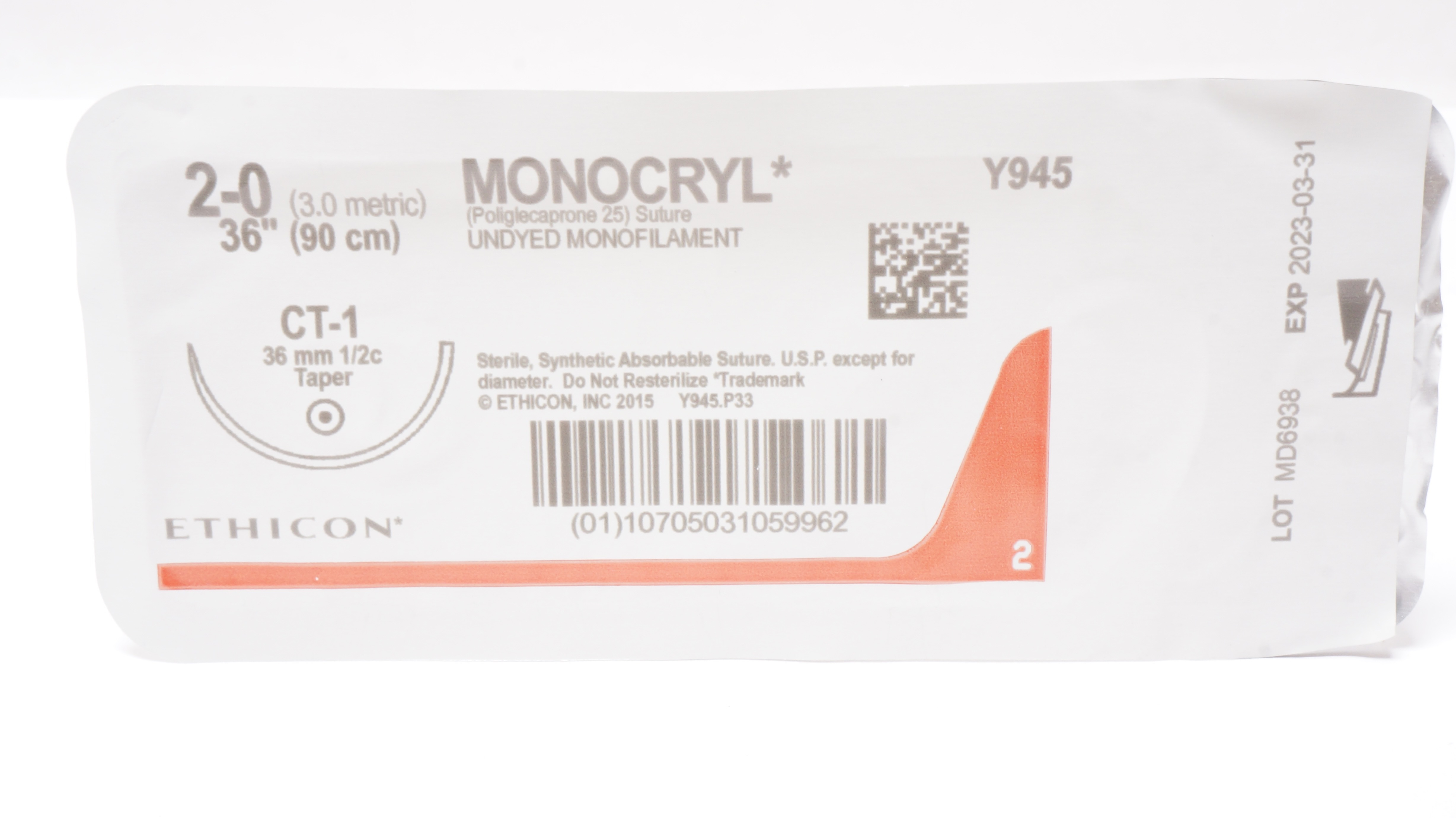 Ethicon Y945 2-0 MONOCRYL Undyed Monofilament, CT-1 36mm 1/2c Taper, 36inch (x)