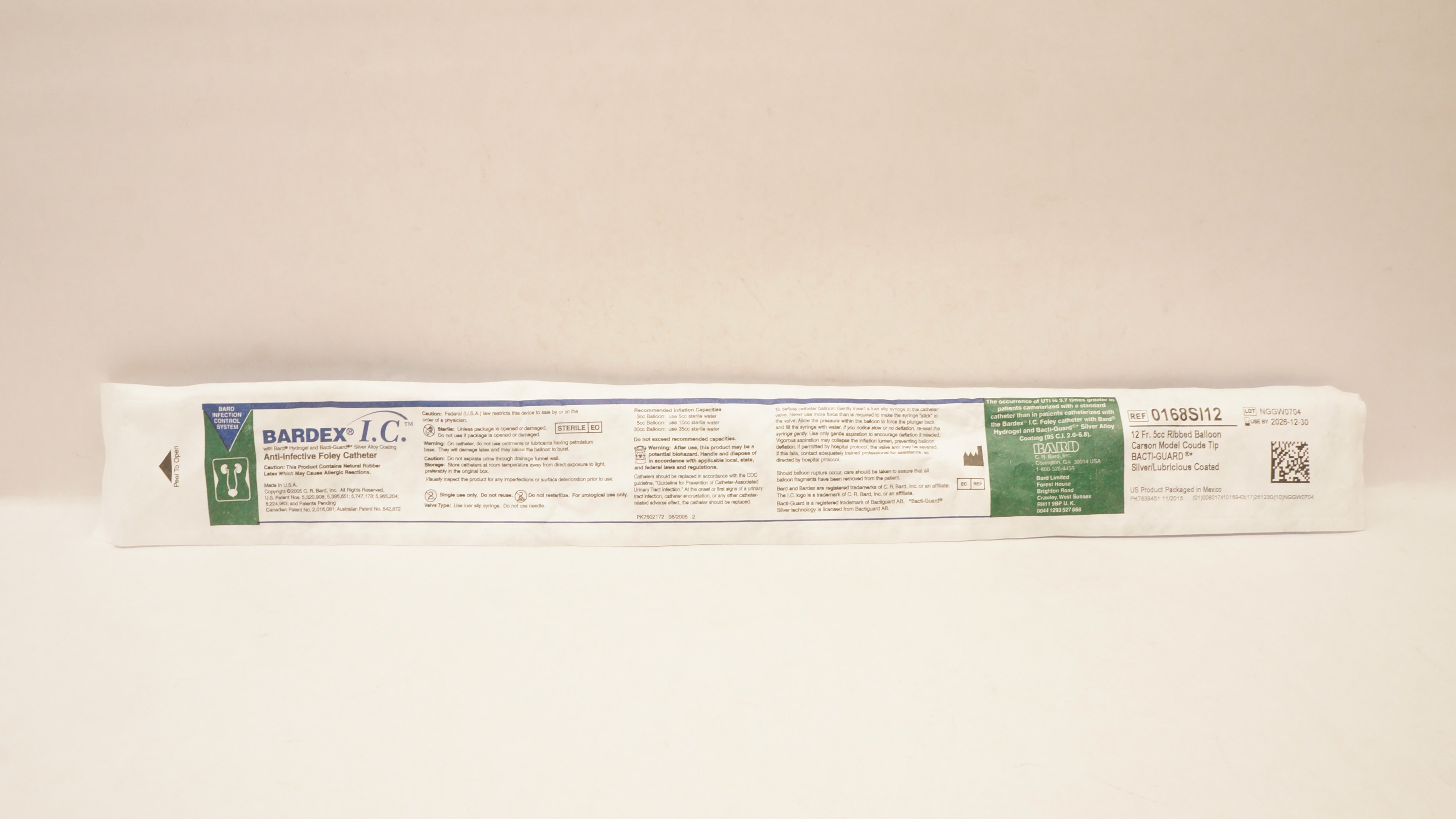 Bard 0168SI12 Bardex I.C. Anti-Infective Foley Cath. 12 Fr 5cc Ribbed Balloon