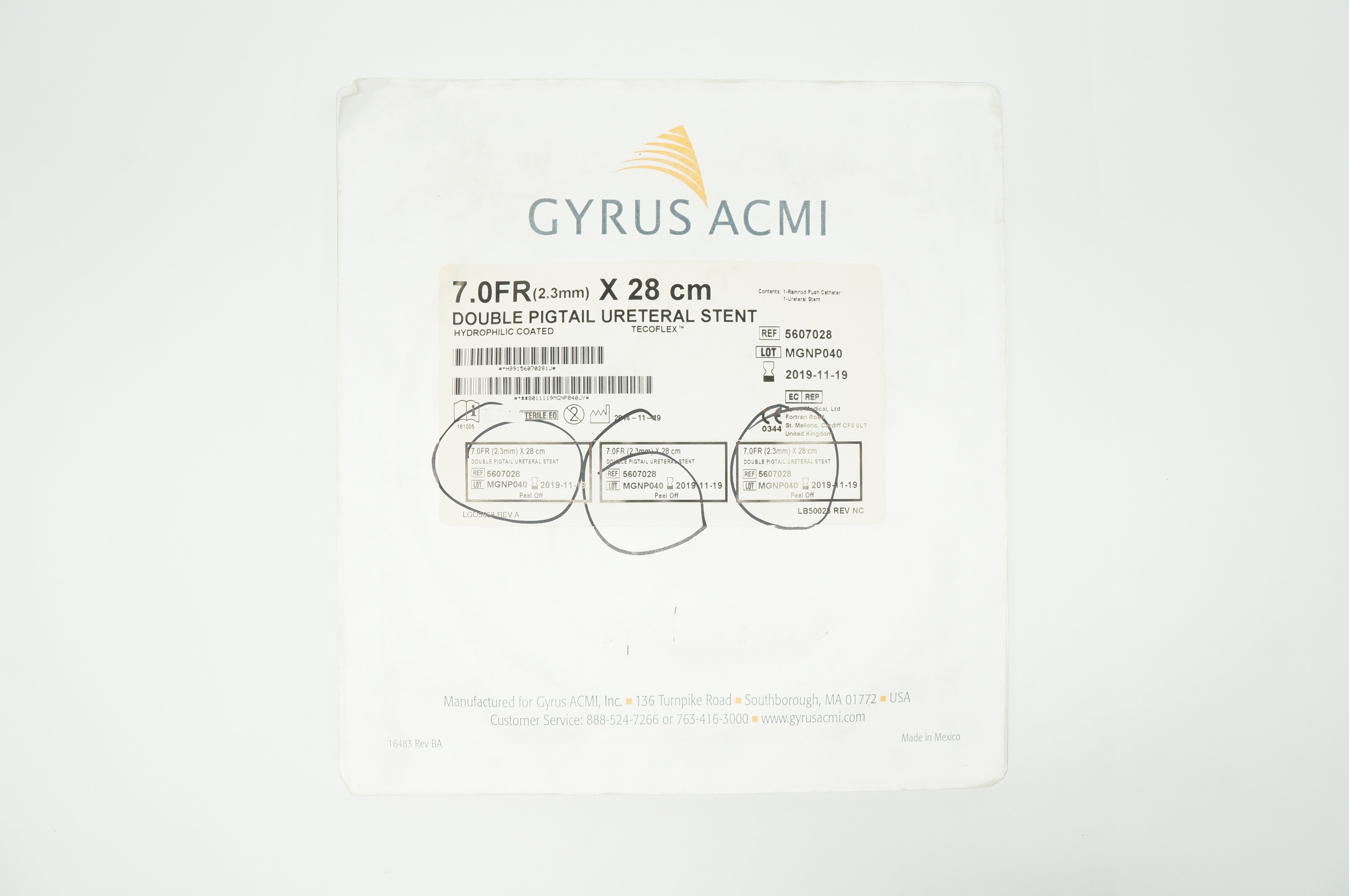 Gyrus ACMI 5607028 Tecoflex Double Pigtail Ureteral Stnt 7.0Fr x 28cm (x)