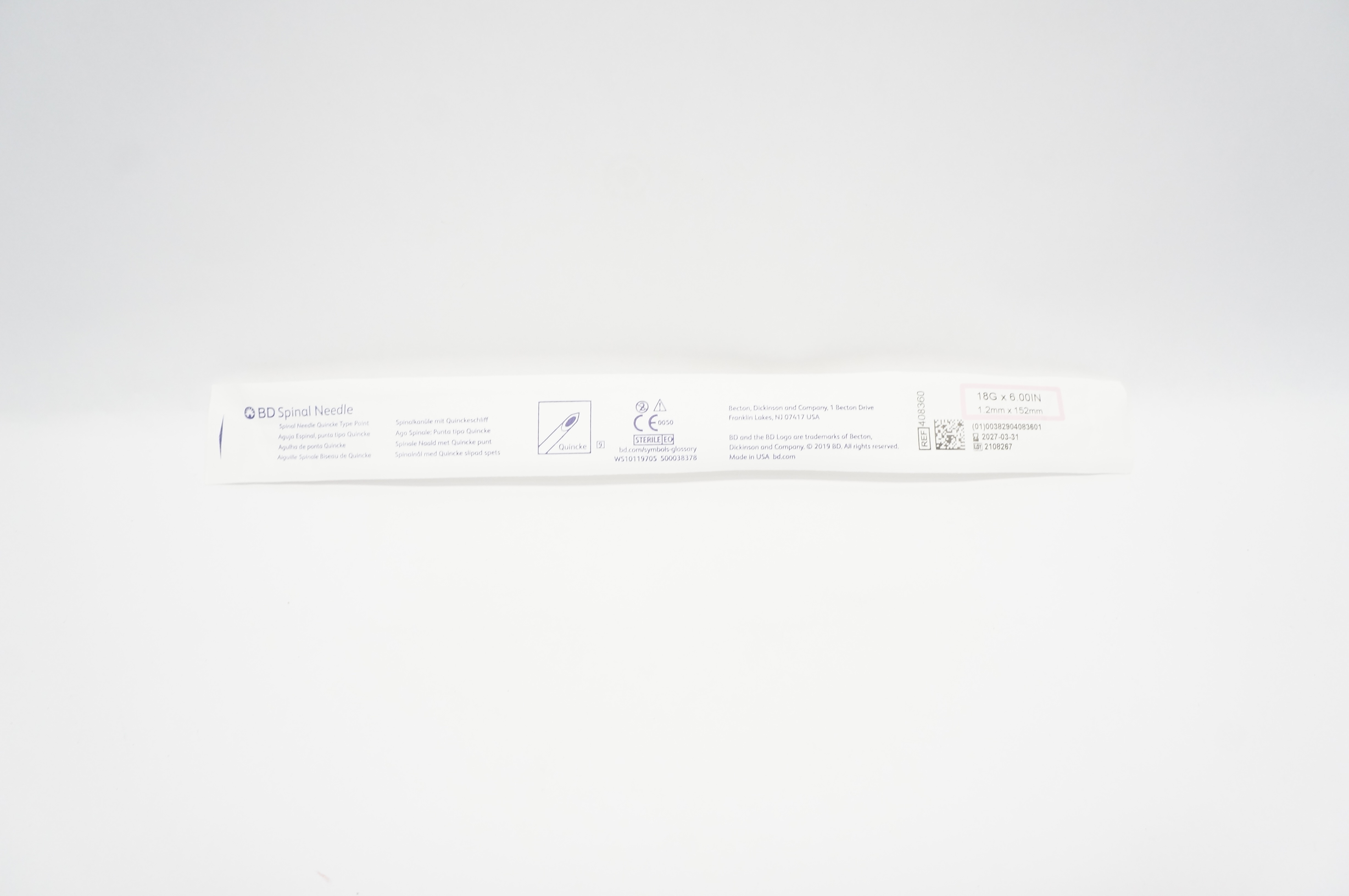 BD 408360 Quincke Spinal Ndle 18G x 6.00inch